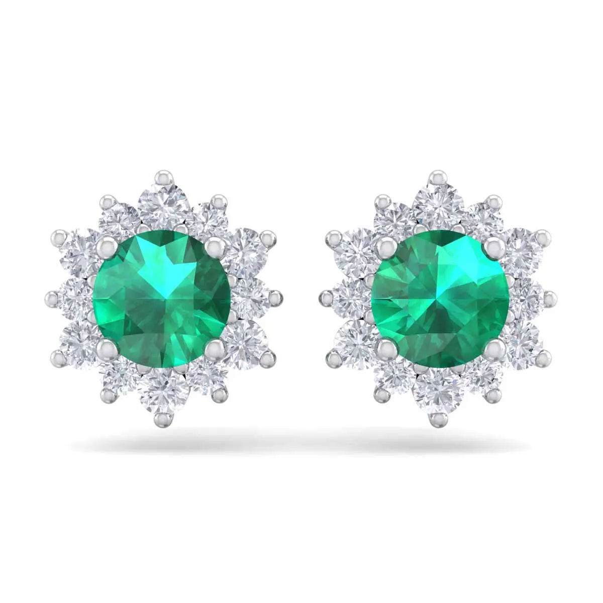 1 1/2 Carat Round Shape Flower Emerald And Diamond Halo Stud Earrings In 14 Karat White Gold