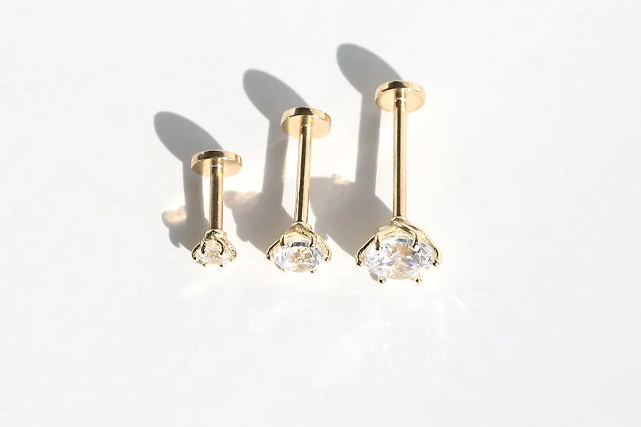 14K Gold Cz 6 Prongs Tragus Cartilage Conch Helix Internally threaded Flat Back Labret Earring Stud