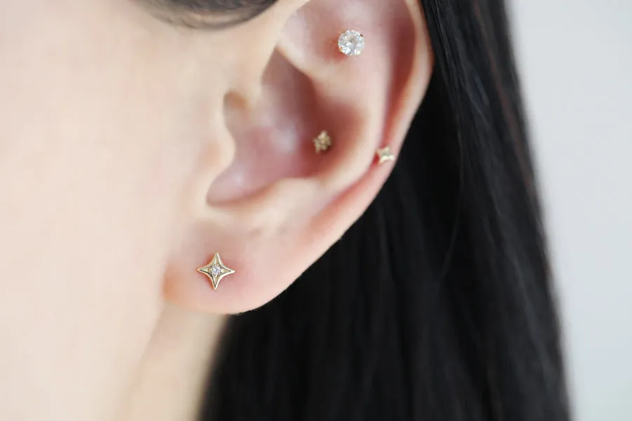 14K Gold Cz 6 Prongs Tragus Cartilage Conch Helix Internally threaded Flat Back Labret Earring Stud