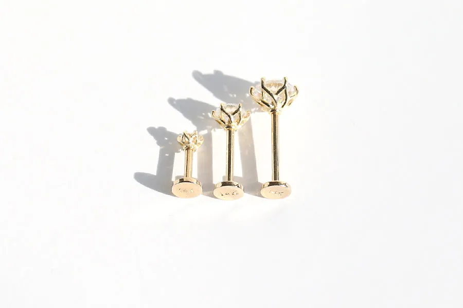 14K Gold Cz 6 Prongs Tragus Cartilage Conch Helix Internally threaded Flat Back Labret Earring Stud