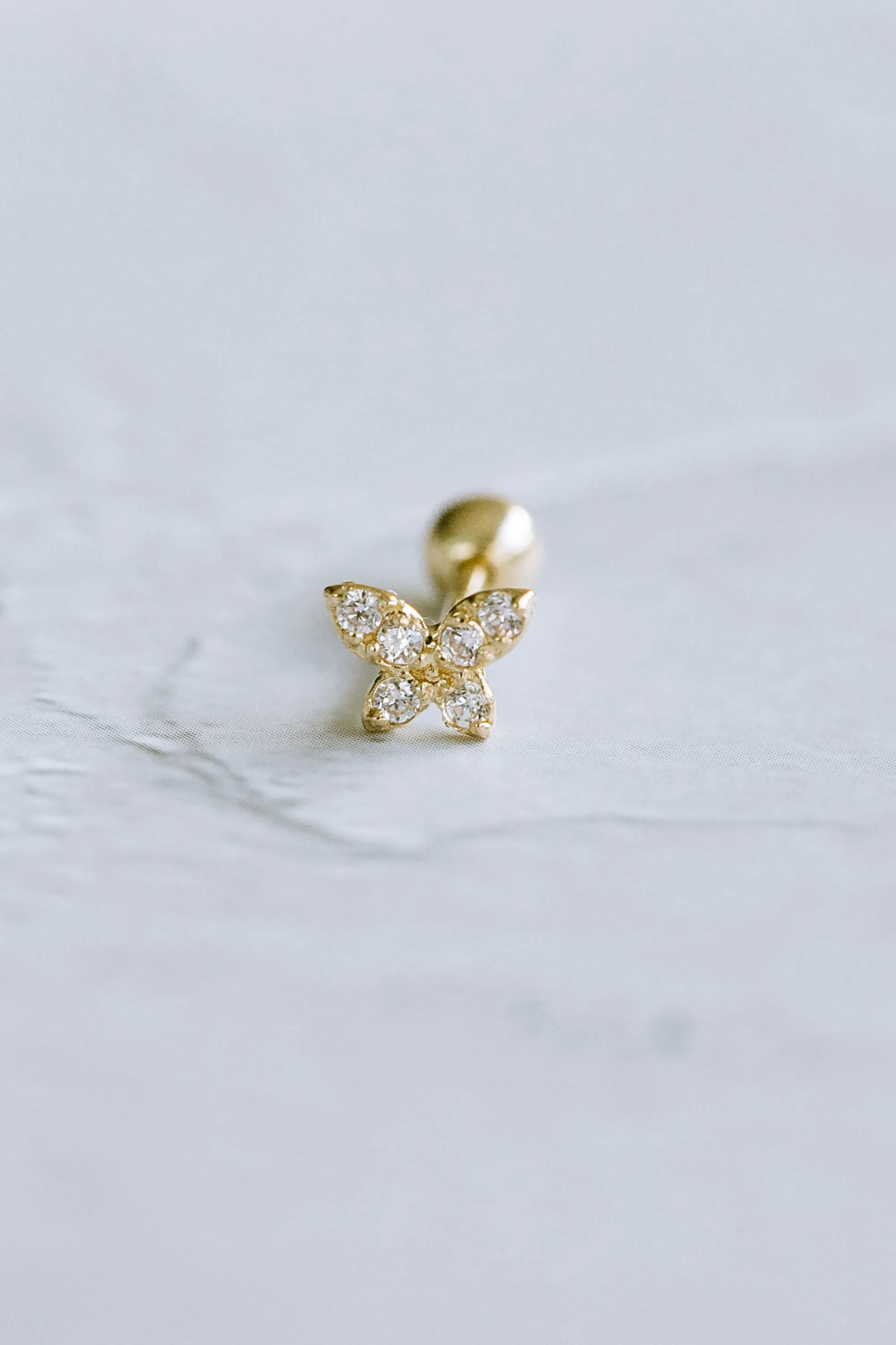 14K GOLD JEWELRY MINIMALIST CZ BUTTERFLY BARBELL EAR STUD EARRING PIERCING