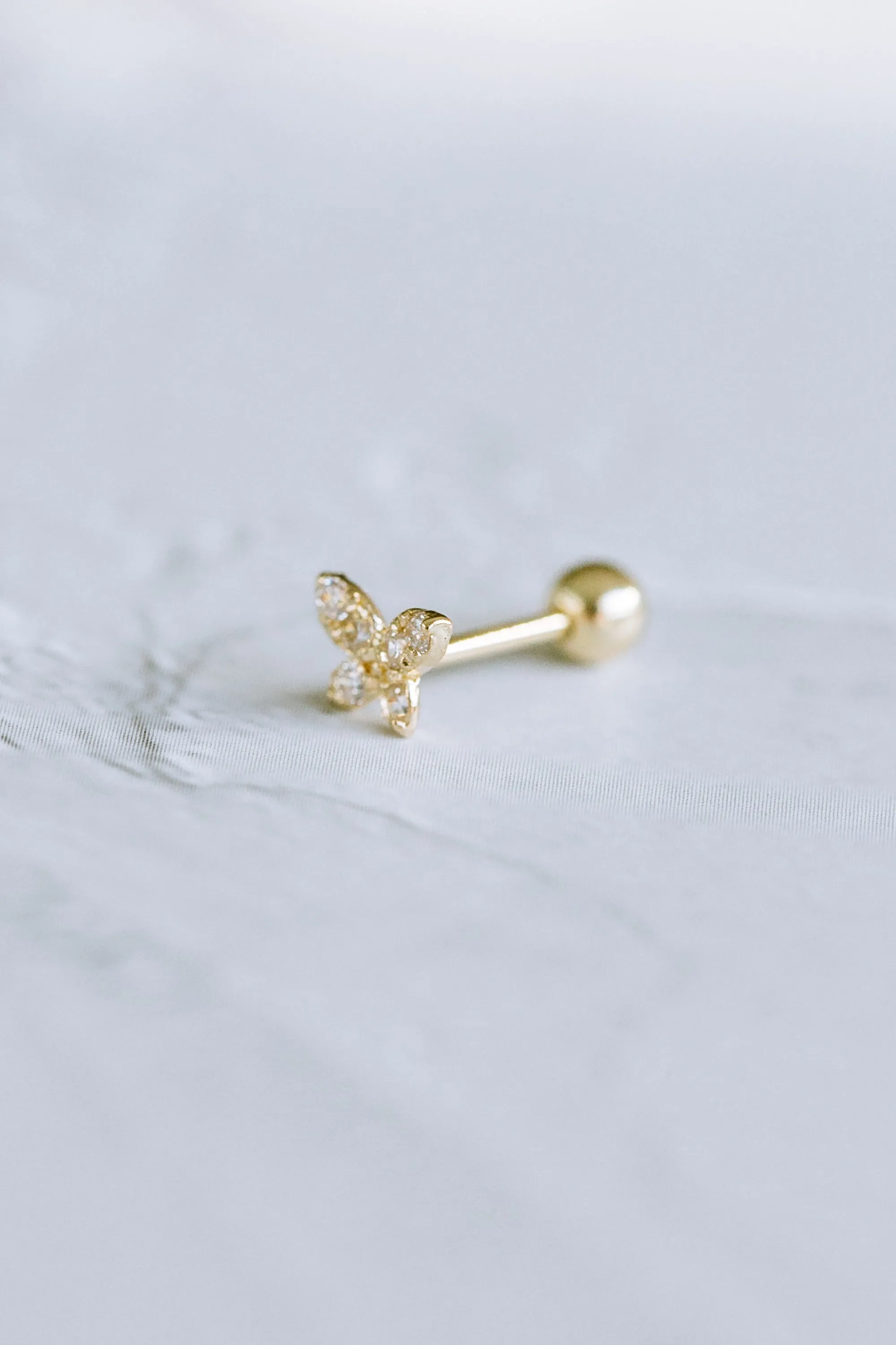 14K GOLD JEWELRY MINIMALIST CZ BUTTERFLY BARBELL EAR STUD EARRING PIERCING