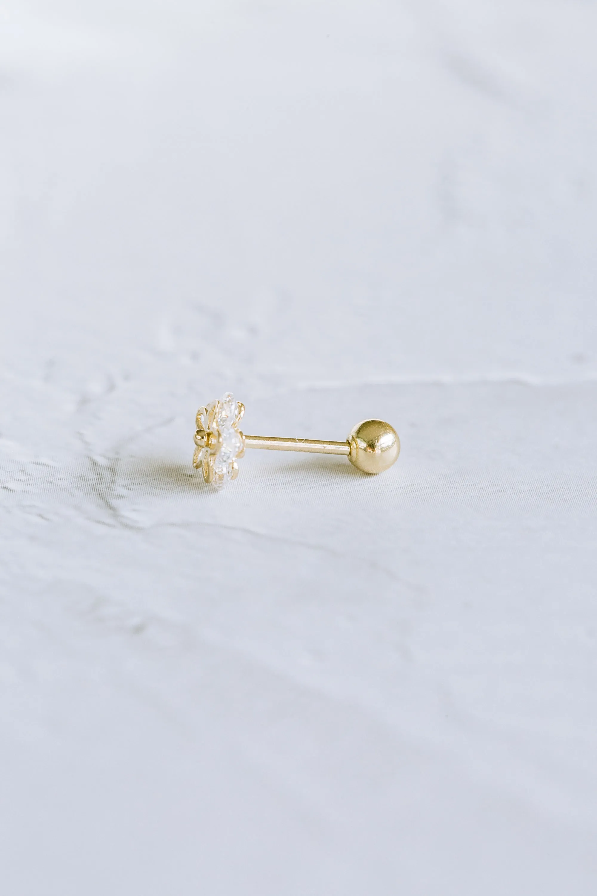 14K GOLD JEWELRY MINIMALIST DELICATE CZ FLOWER BARBELL EAR STUD EARRING PIERCING