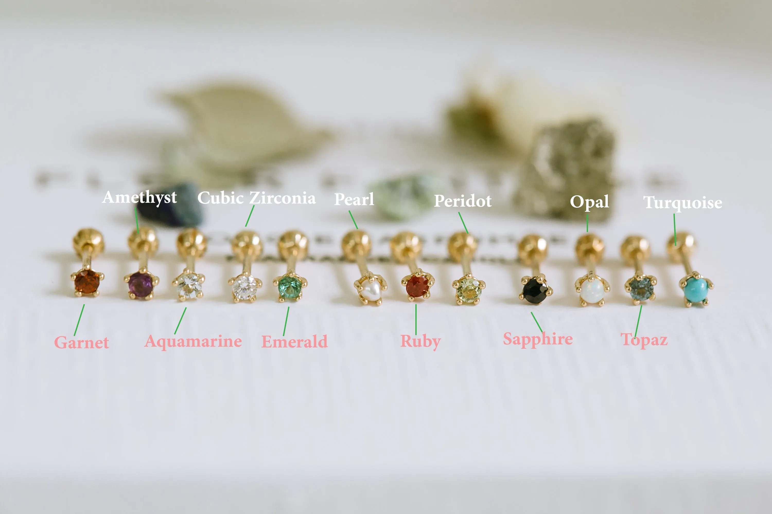 14k Real Yellow Gold Real Birthstone 2mm Tragus Cartilage Inner Conch Helix Ear Stud Barbell Piercing For Women