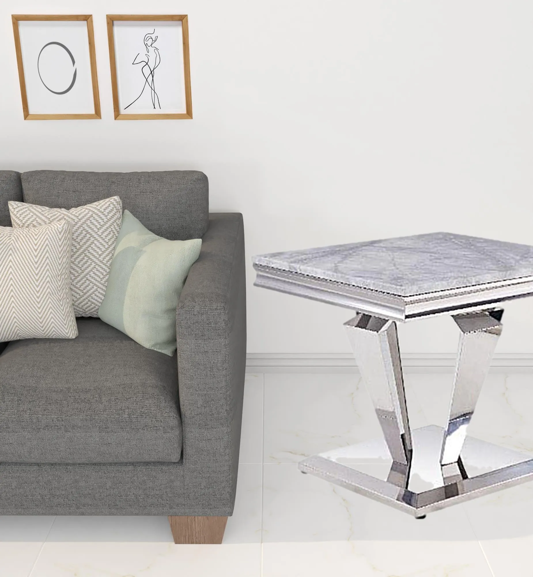 22 Silver And Light Gray Marble Look And Stainless Steel Square End Table