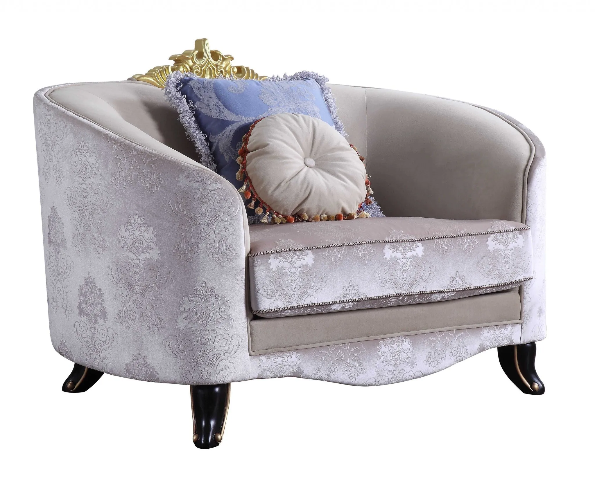 38 Cream And Black Velvet Damask Barrel Chair