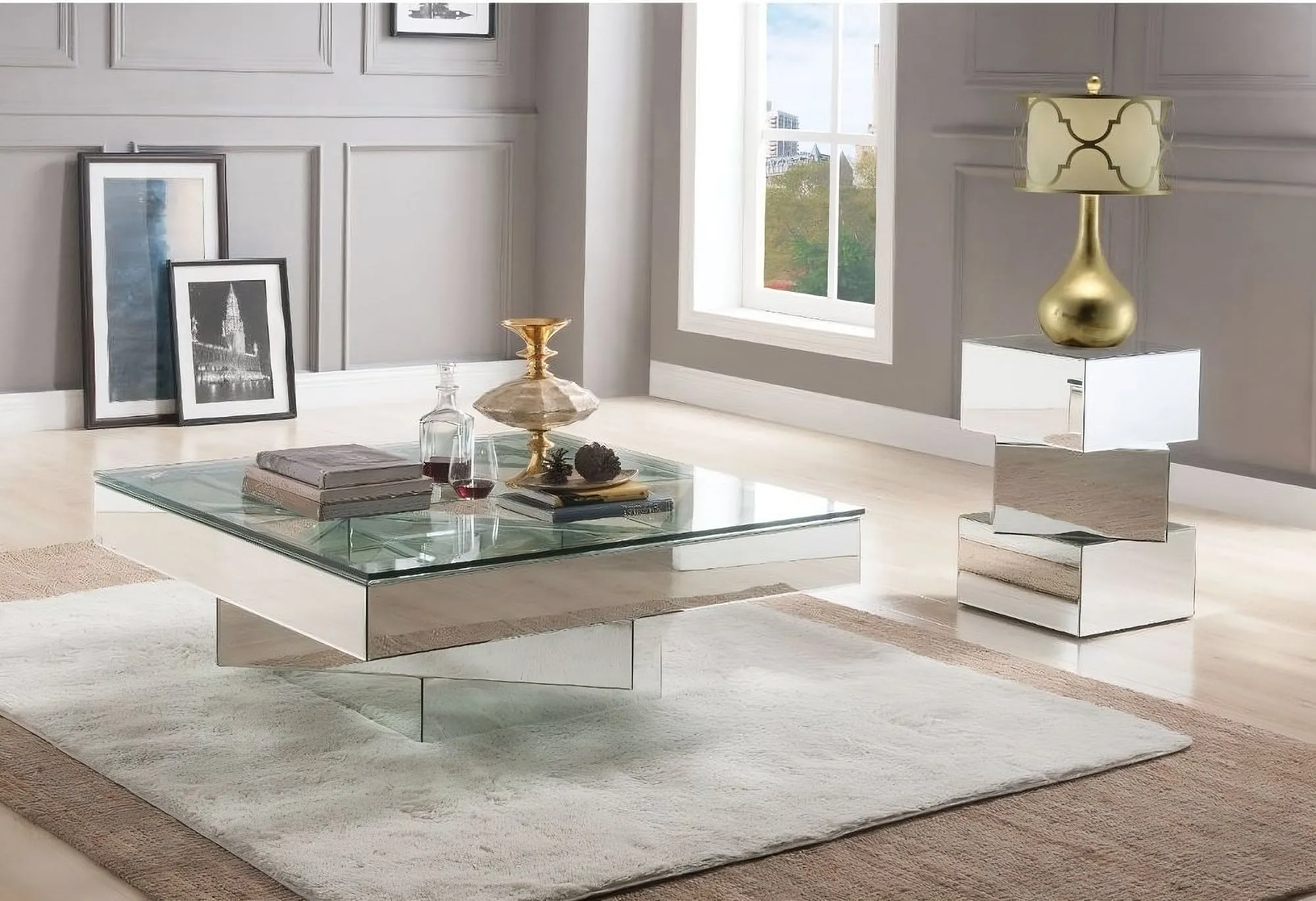 40 Clear And Silver Glass Mirrored Coffee Table