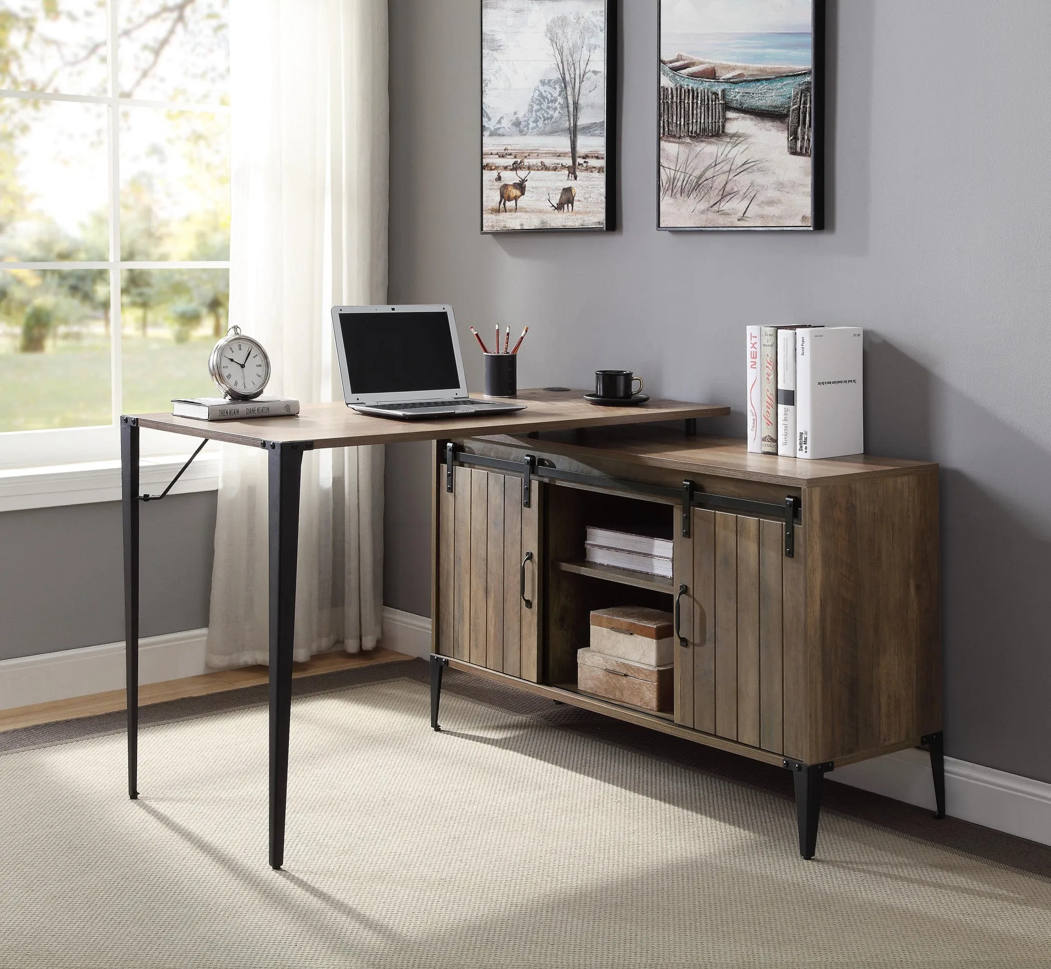 48 Brown and Black L Shape Writing Desk