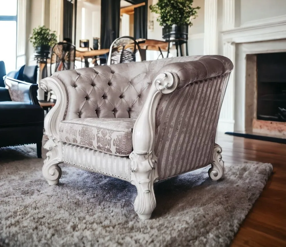 52 Ivory and Bone Fabric Damask Tufted Barrel Chair