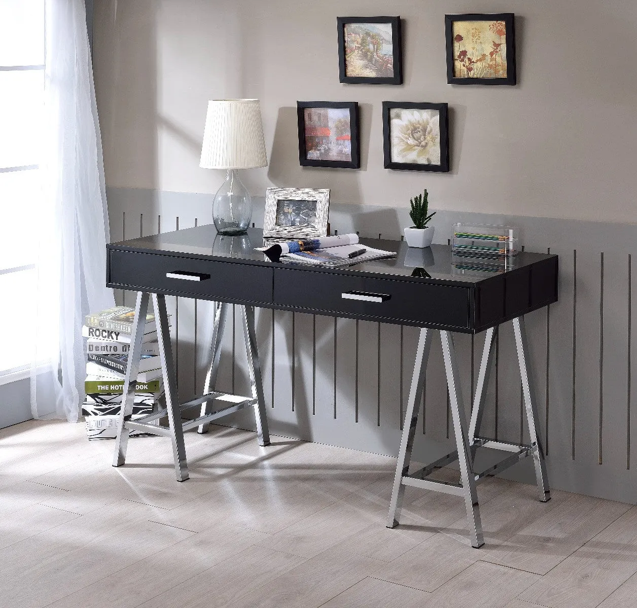 54 Black and Silver Writing Desk With Two Drawers