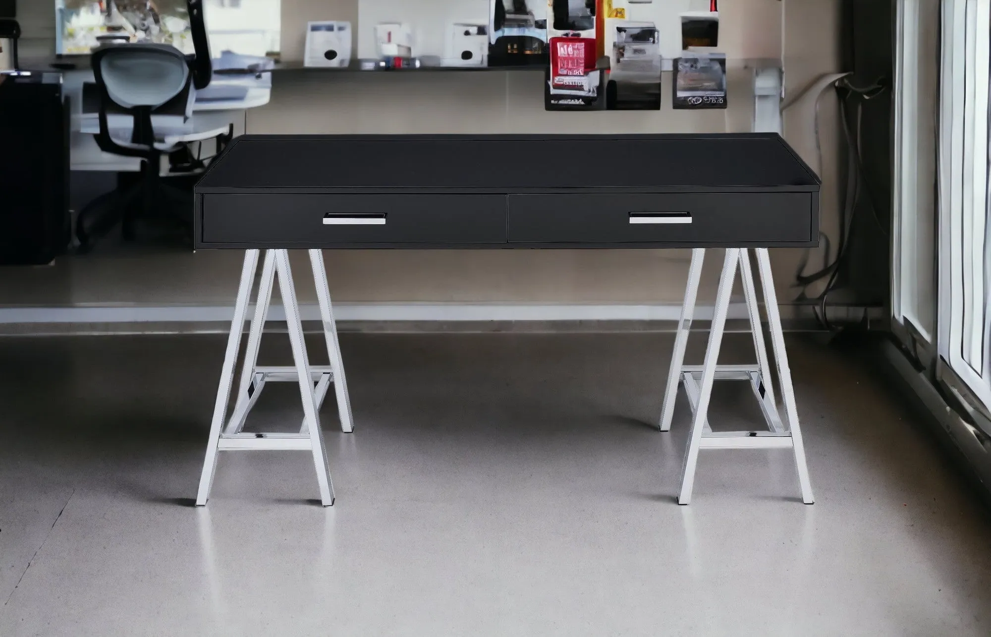 54 Black and Silver Writing Desk With Two Drawers