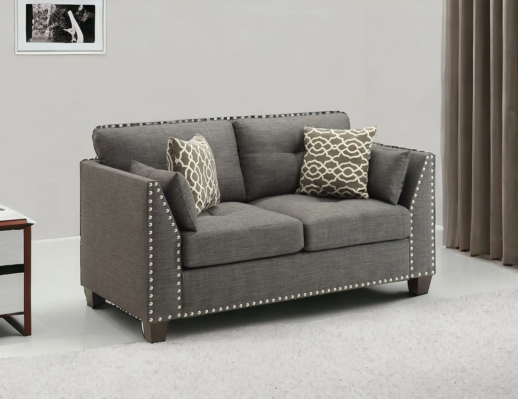 58 Light Gray And Dark Brown Polyester Blend Loveseat and Toss Pillows