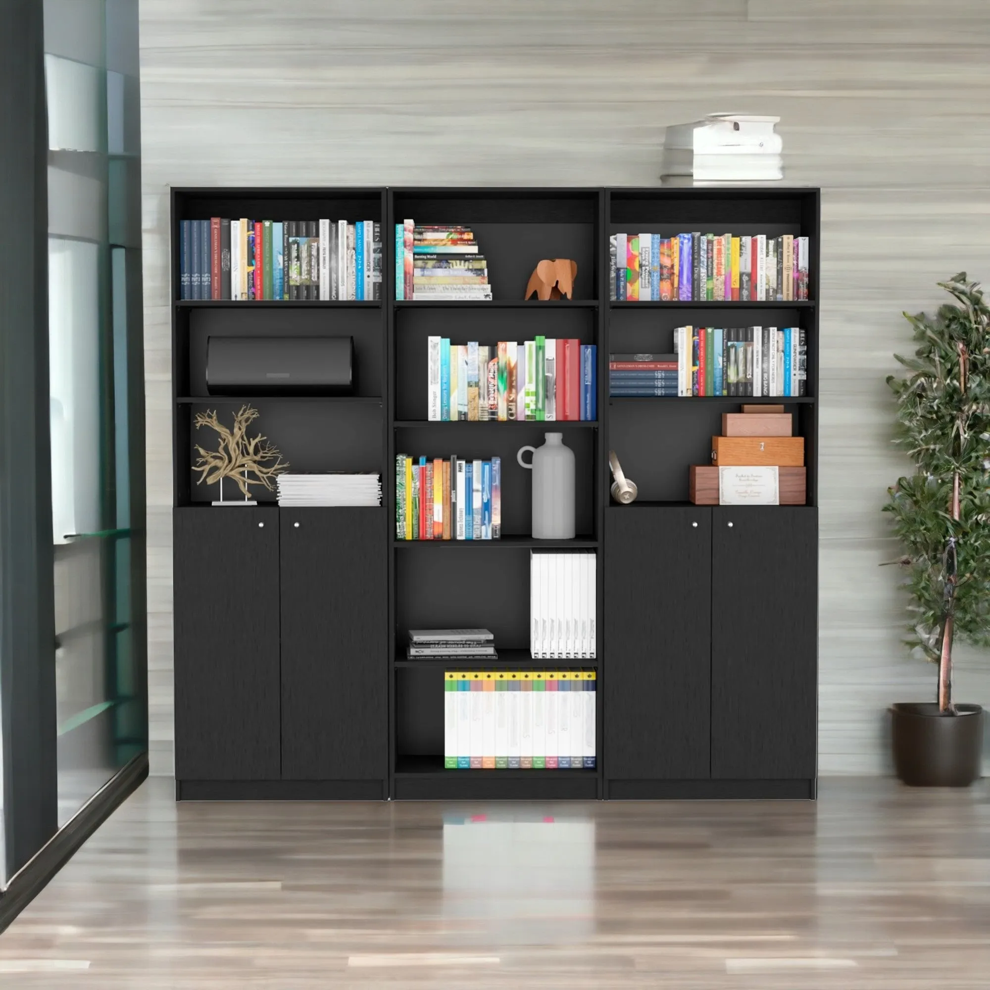 71 Black Five Tier Bookcase with Four doors