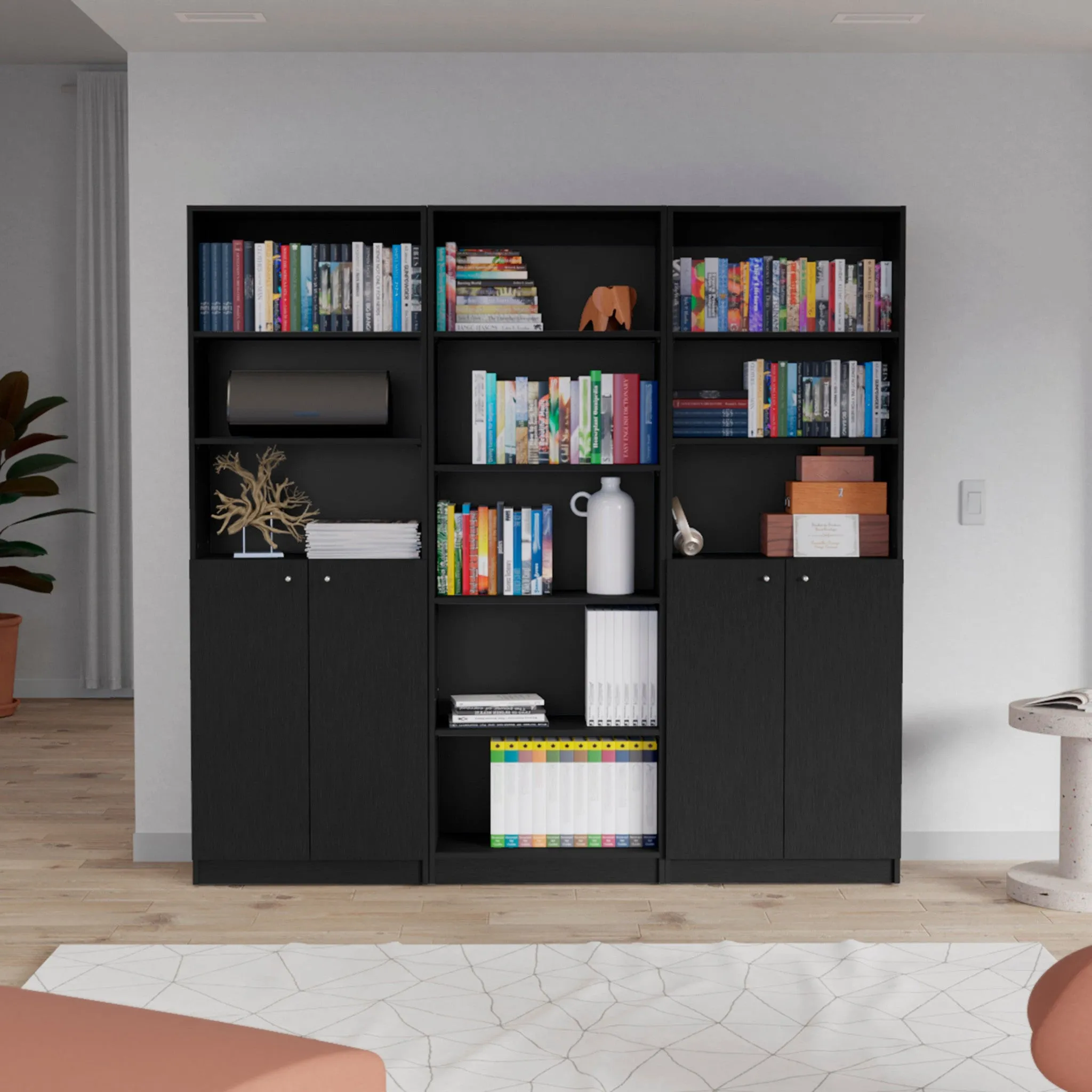 71 Black Five Tier Bookcase with Four doors