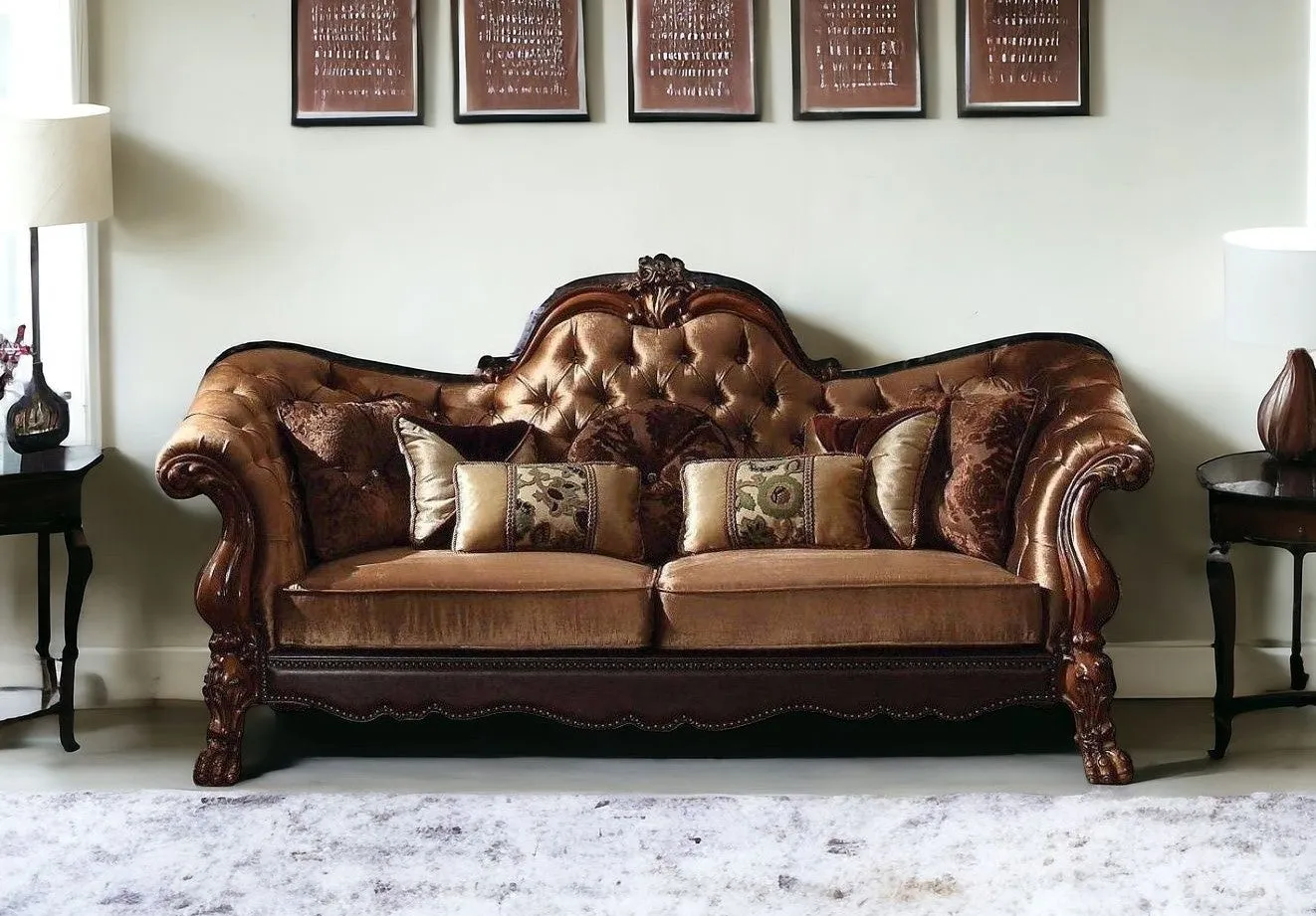 73 Dark Brown And Brown Velvet Chesterfield Loveseat and Toss Pillows