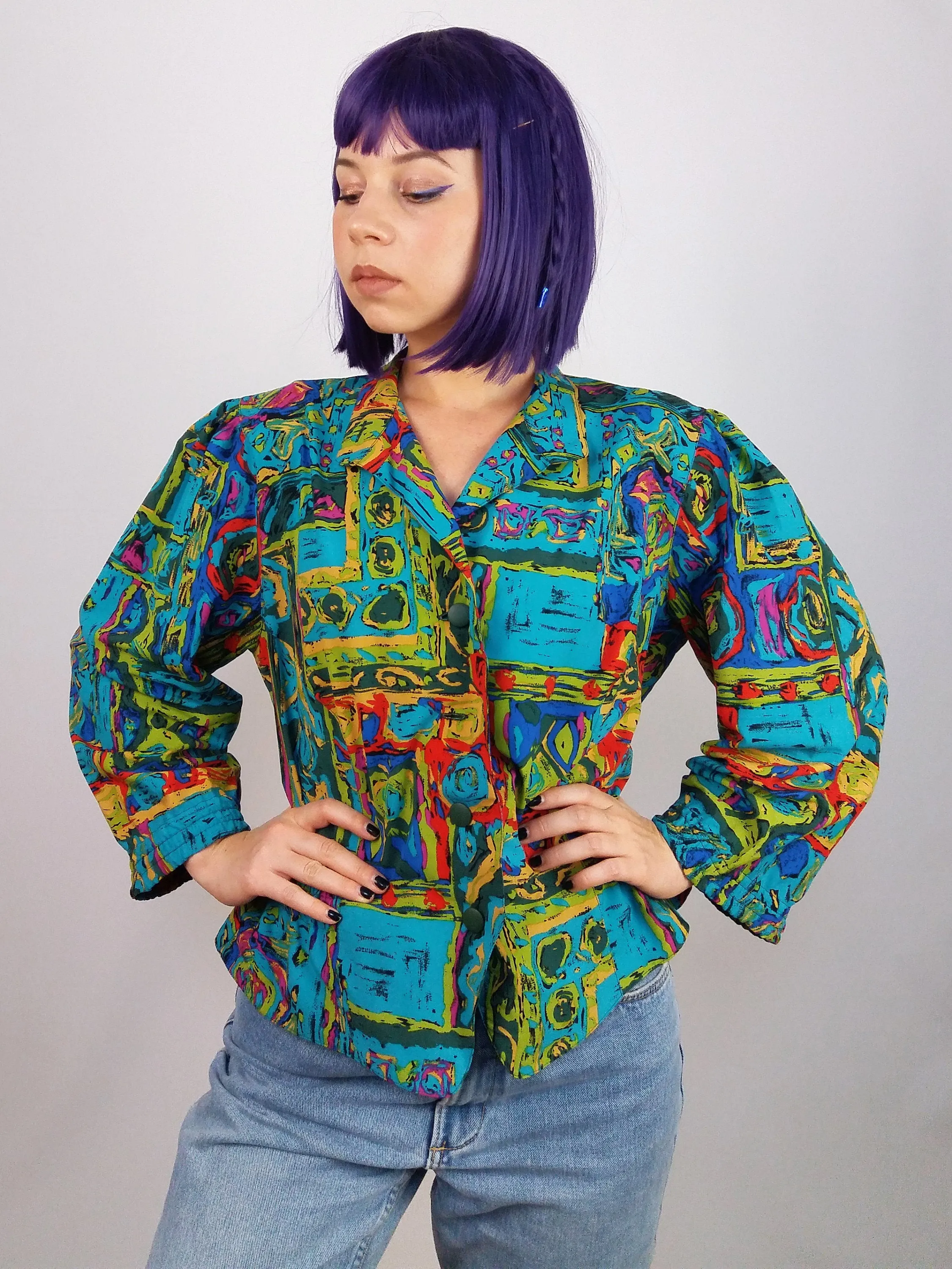 80's Blazer Blouse Abstract Print - size M-L