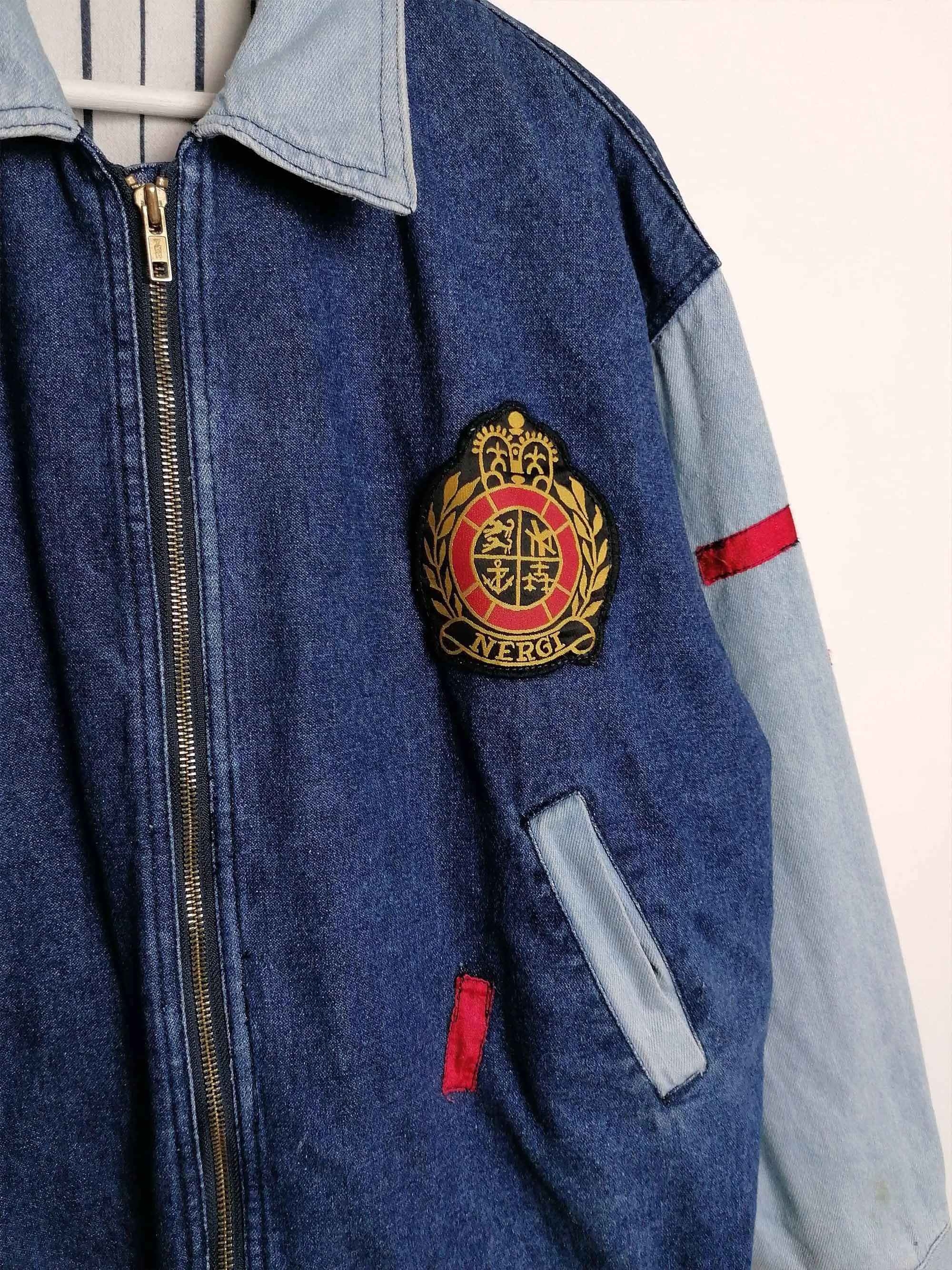 80's Denim College Jacket with Patches - size M