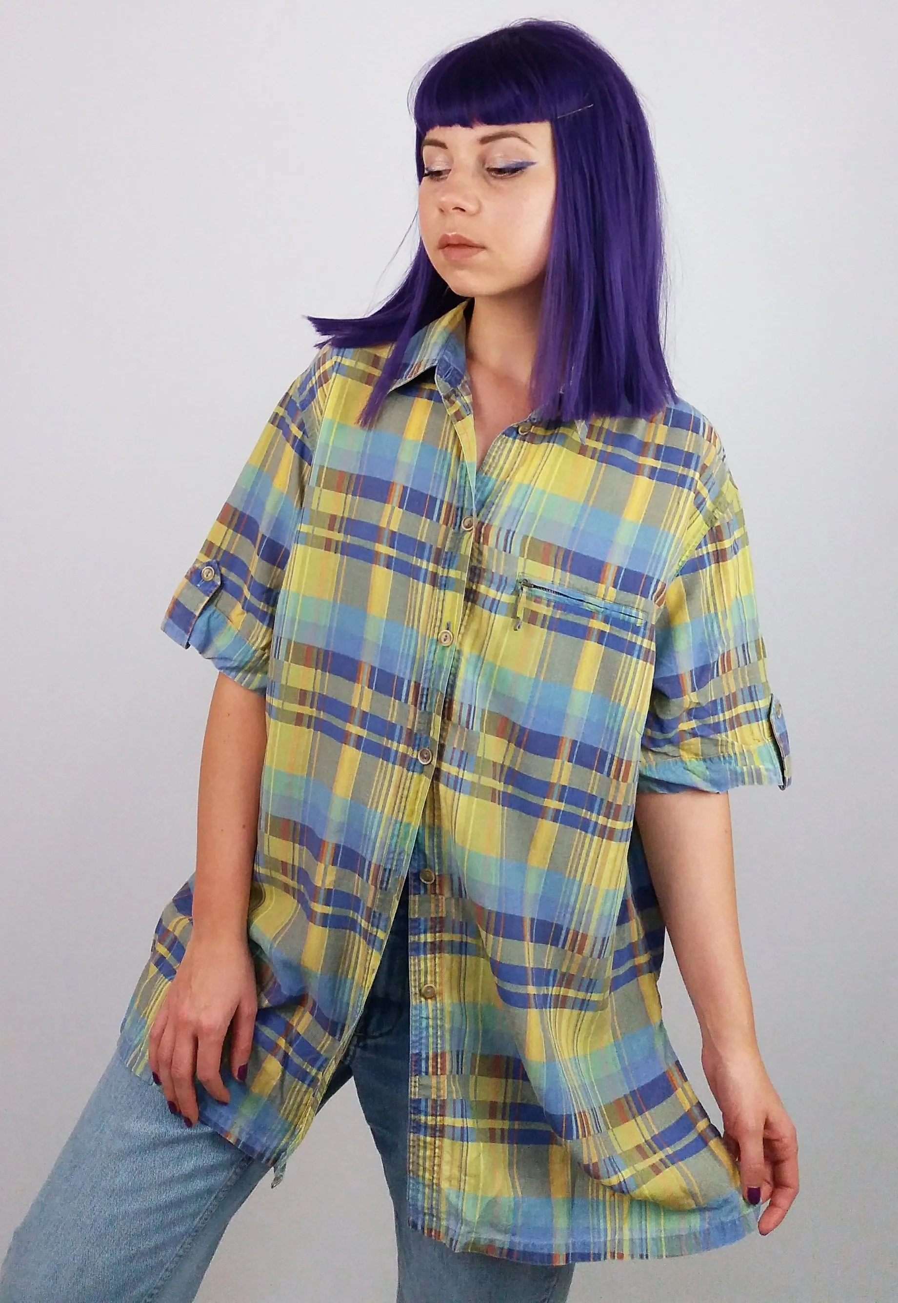 80's Retro Check Pattern Safari Blouse - M-L