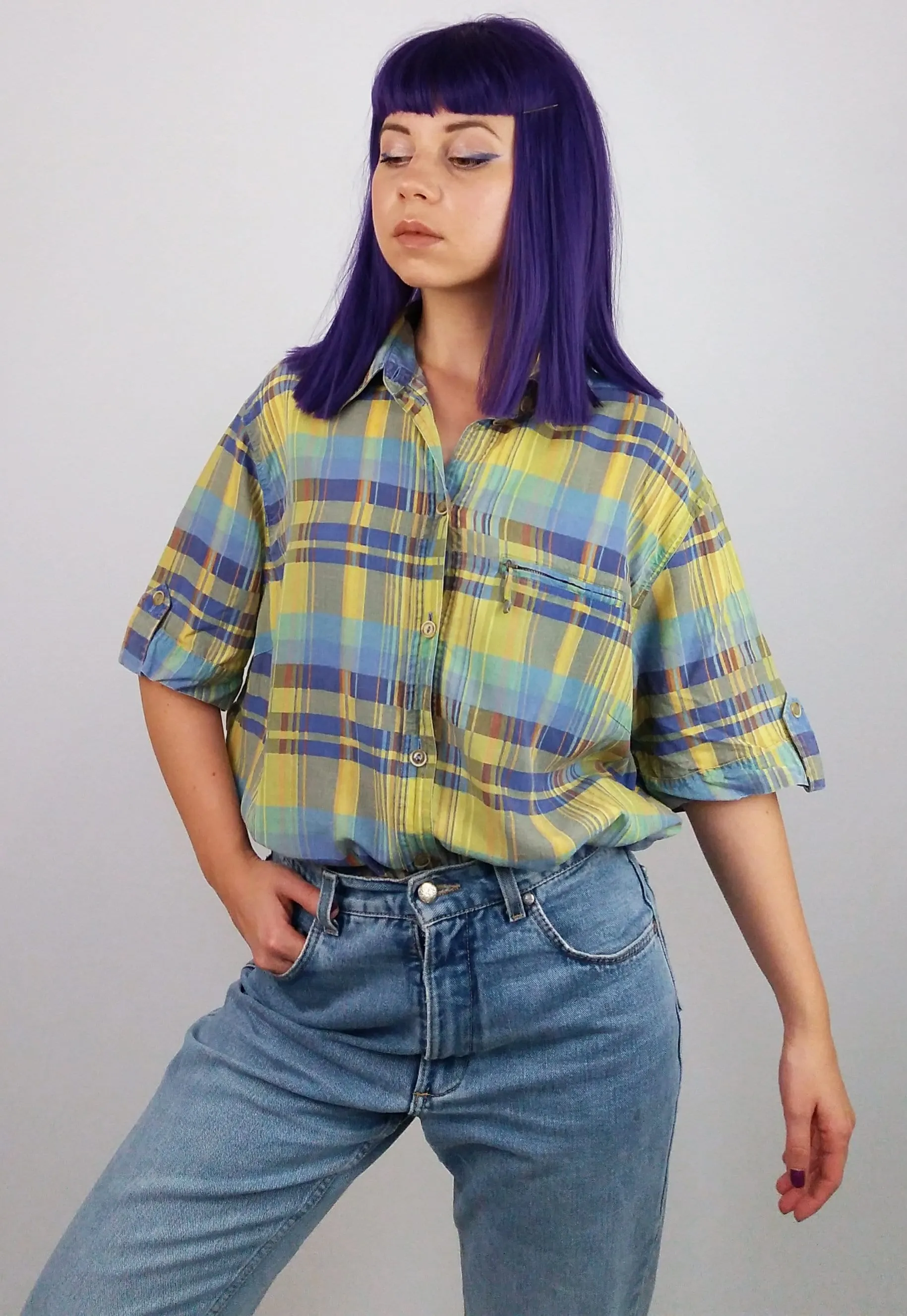 80's Retro Check Pattern Safari Blouse - M-L