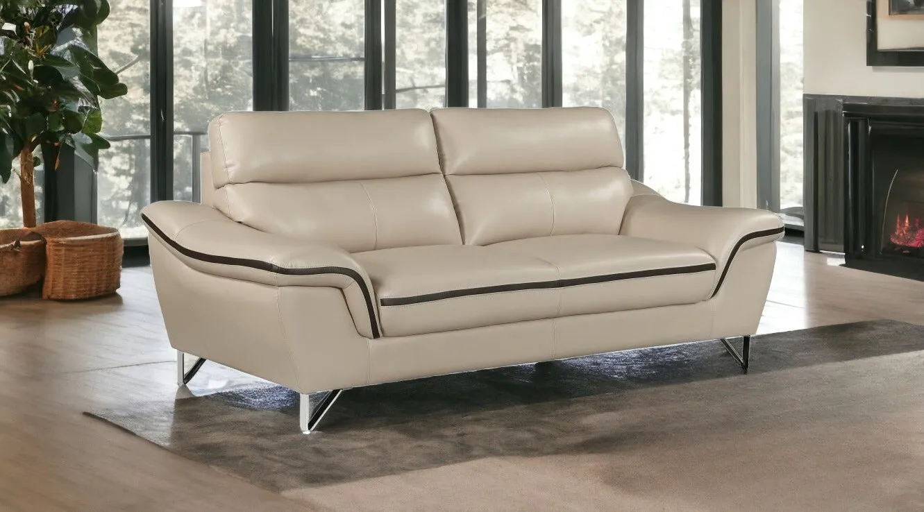 86 Beige And Silver Leather Sofa