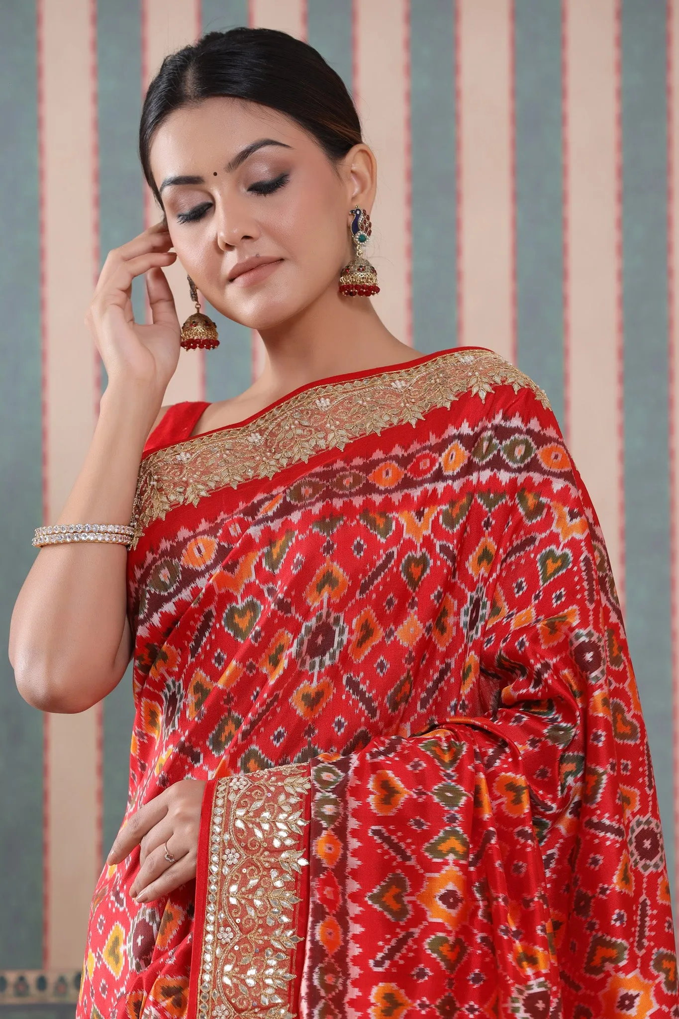 90Z533-RO Red Patola Silk Sari with Embroidered Border