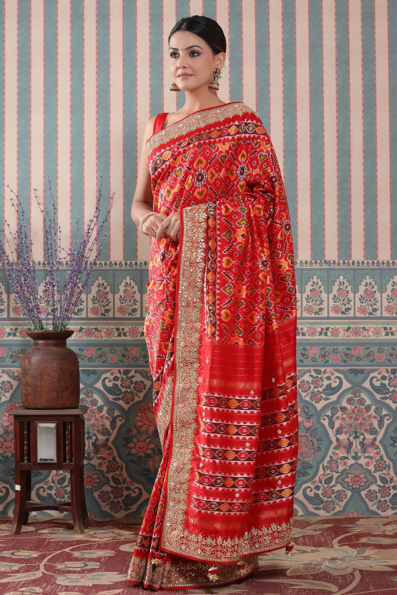 90Z533-RO Red Patola Silk Sari with Embroidered Border