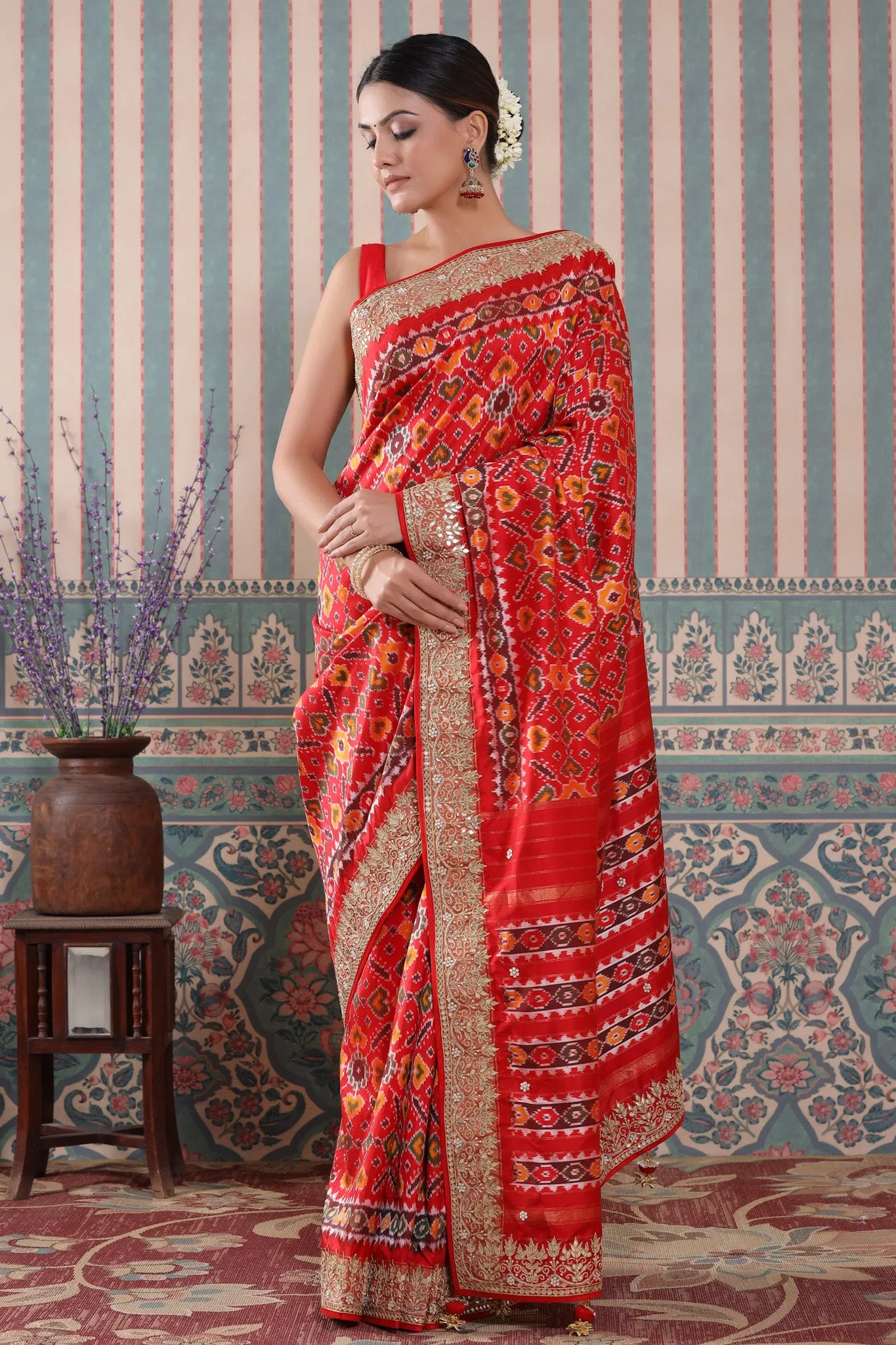 90Z533-RO Red Patola Silk Sari with Embroidered Border