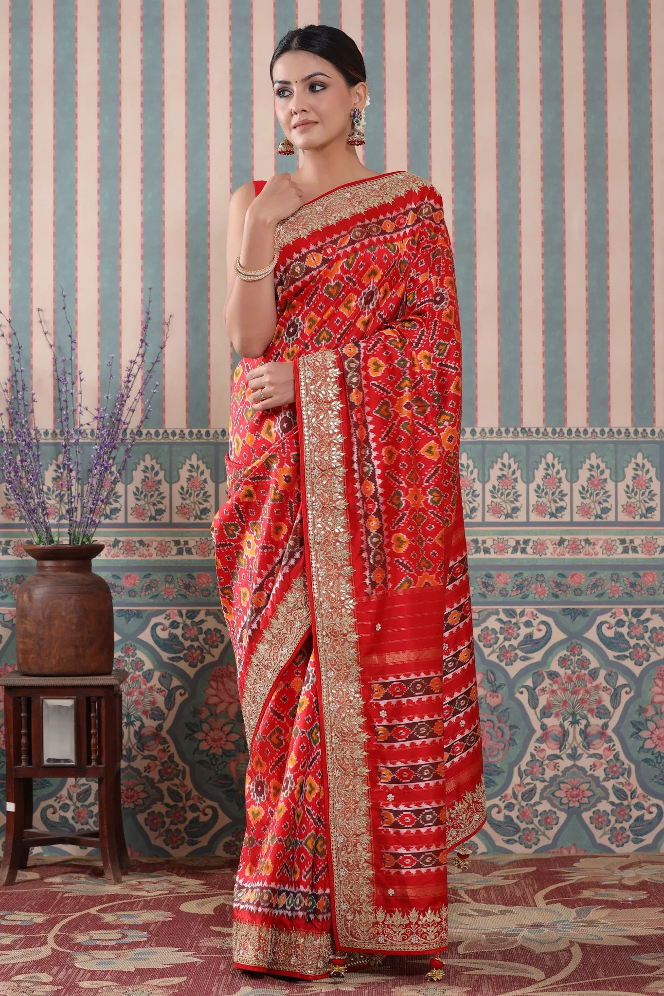 90Z533-RO Red Patola Silk Sari with Embroidered Border