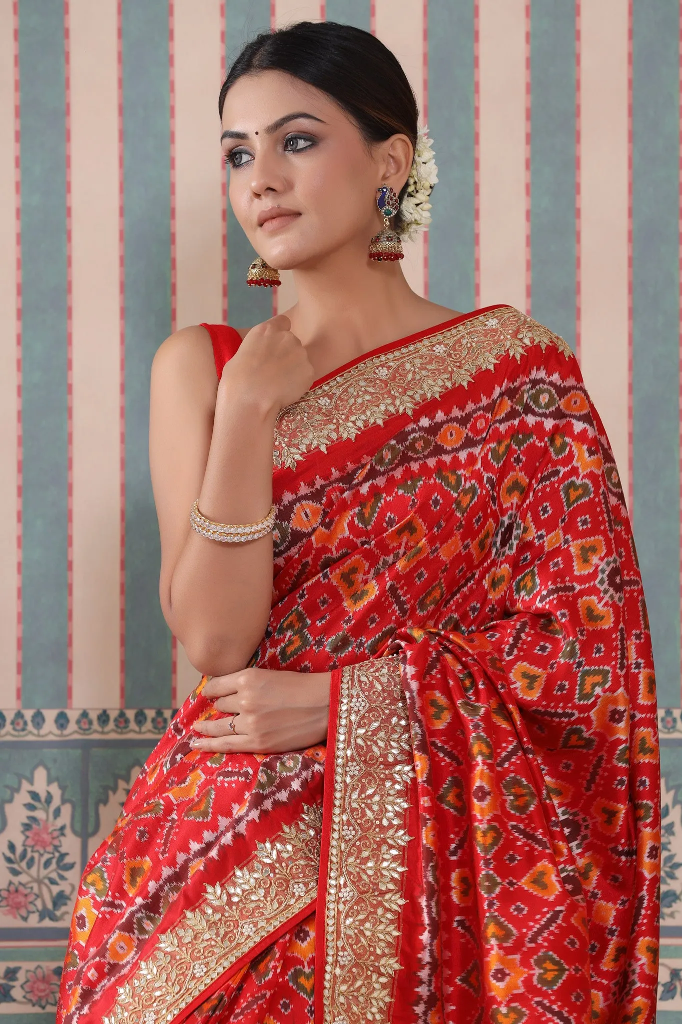 90Z533-RO Red Patola Silk Sari with Embroidered Border