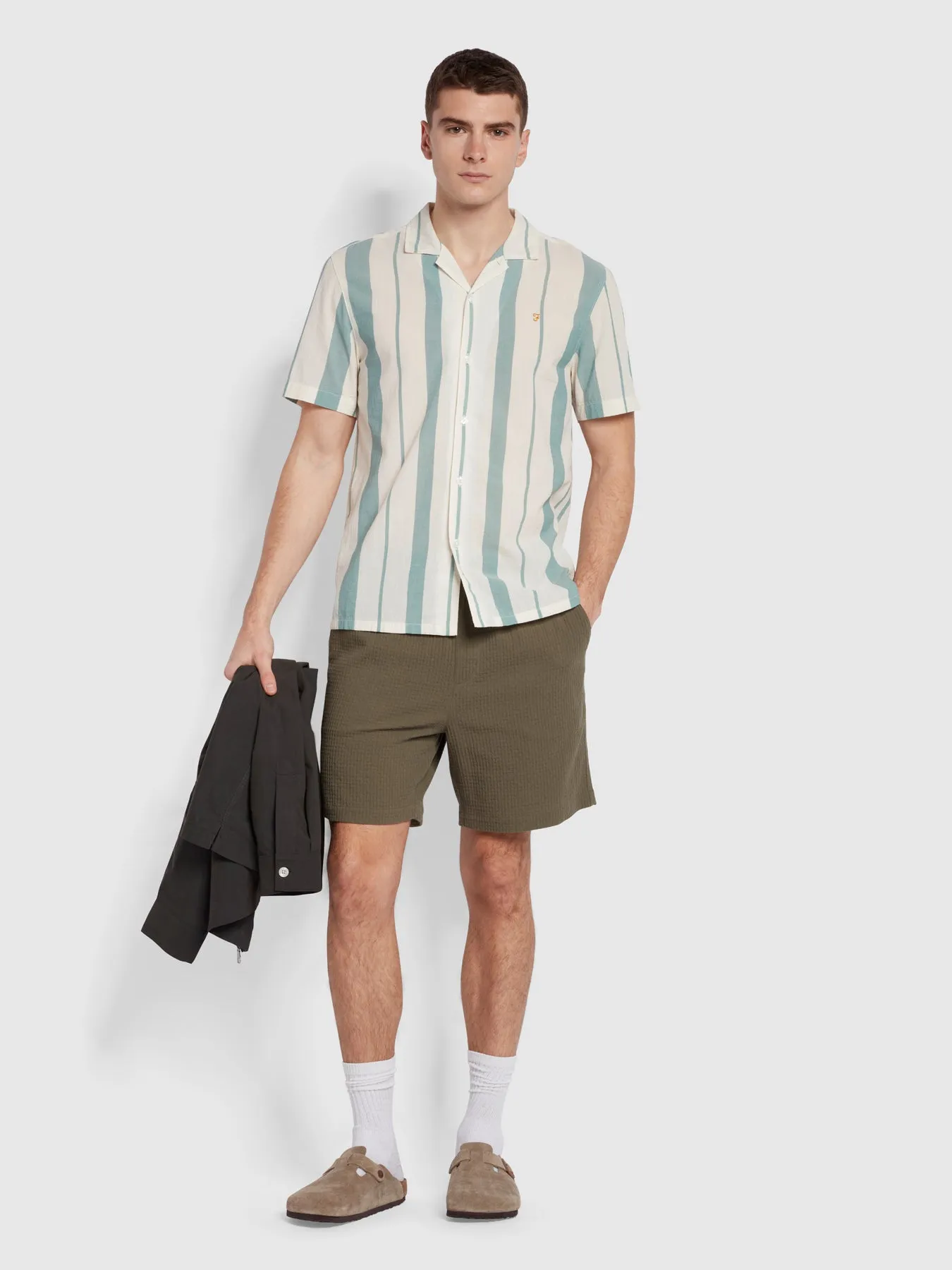 Adler Casual Fit Short Sleeve Stripe Revere Shirt In Mallard Green