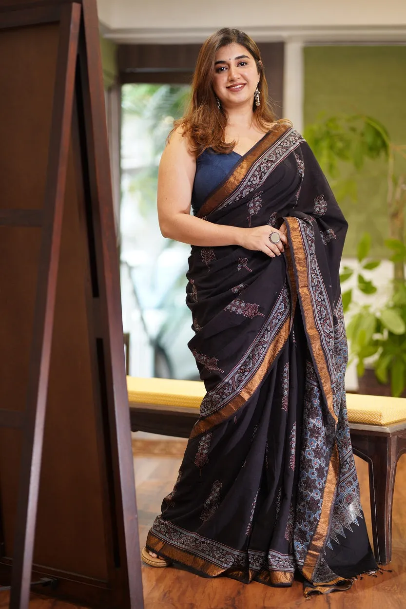 Ajrakh Natural Dyed South Cotton Zari Border Saree