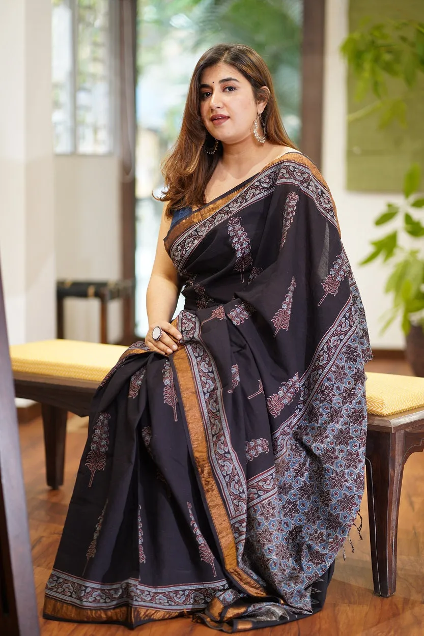 Ajrakh Natural Dyed South Cotton Zari Border Saree