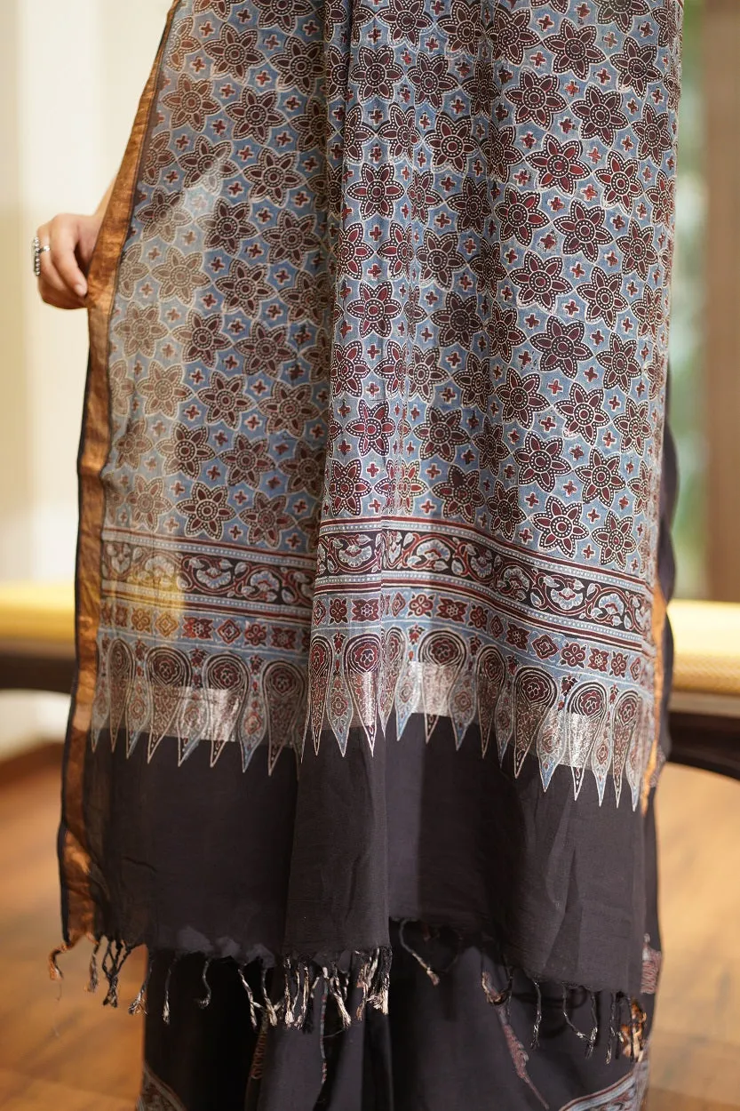 Ajrakh Natural Dyed South Cotton Zari Border Saree