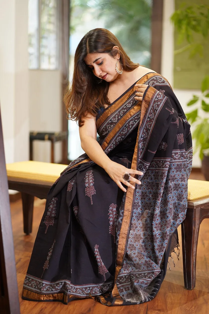 Ajrakh Natural Dyed South Cotton Zari Border Saree