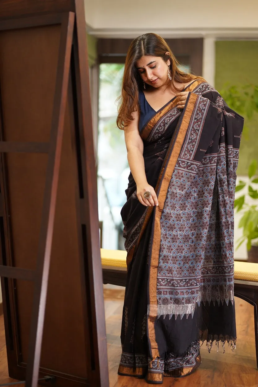 Ajrakh Natural Dyed South Cotton Zari Border Saree