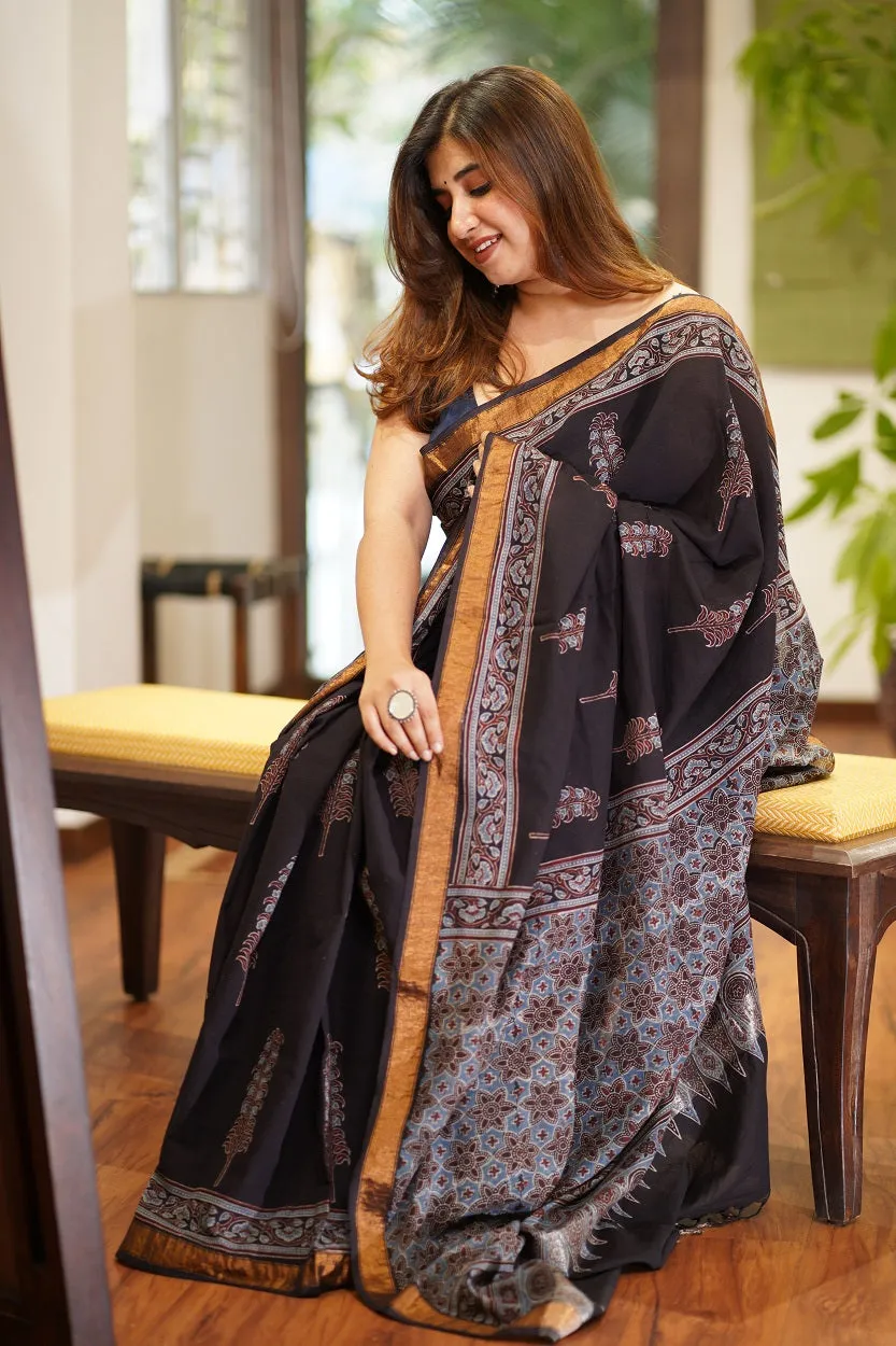 Ajrakh Natural Dyed South Cotton Zari Border Saree