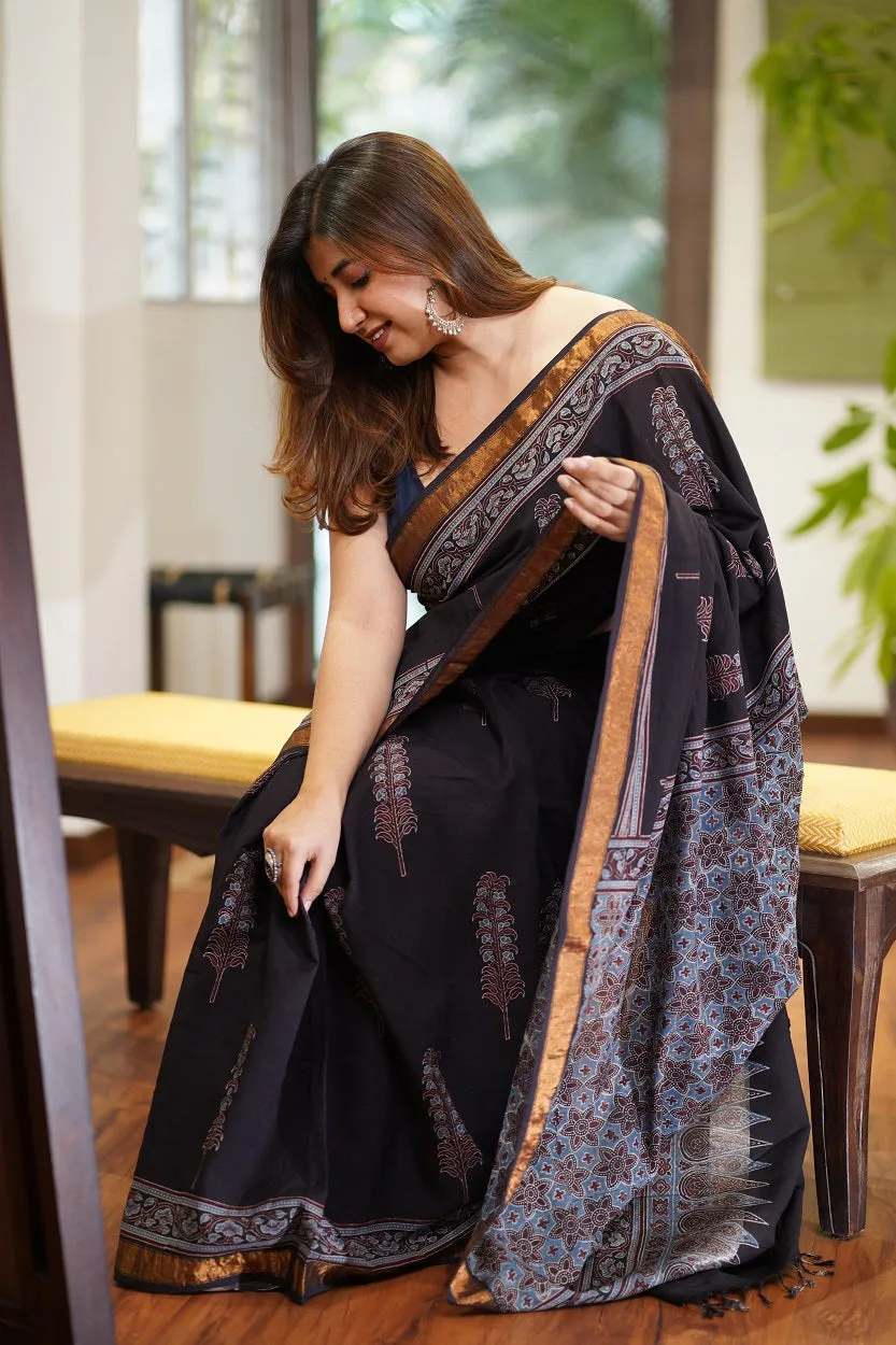 Ajrakh Natural Dyed South Cotton Zari Border Saree