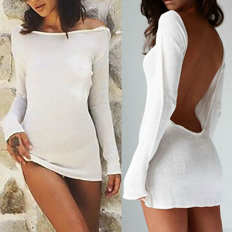 Alexandra Sexy White Beach Cover Up Dress Mesh Backless Mini Dress