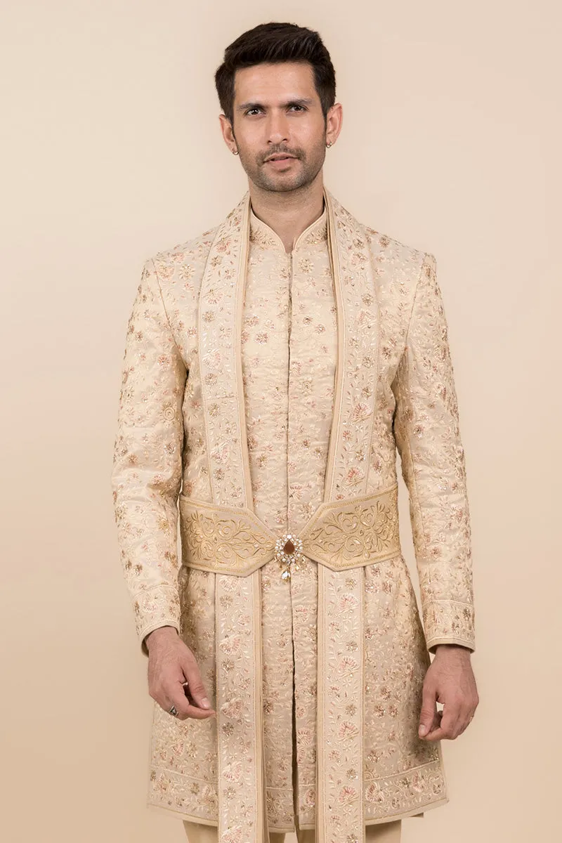 All Over Embroidered Sherwani In Tissue