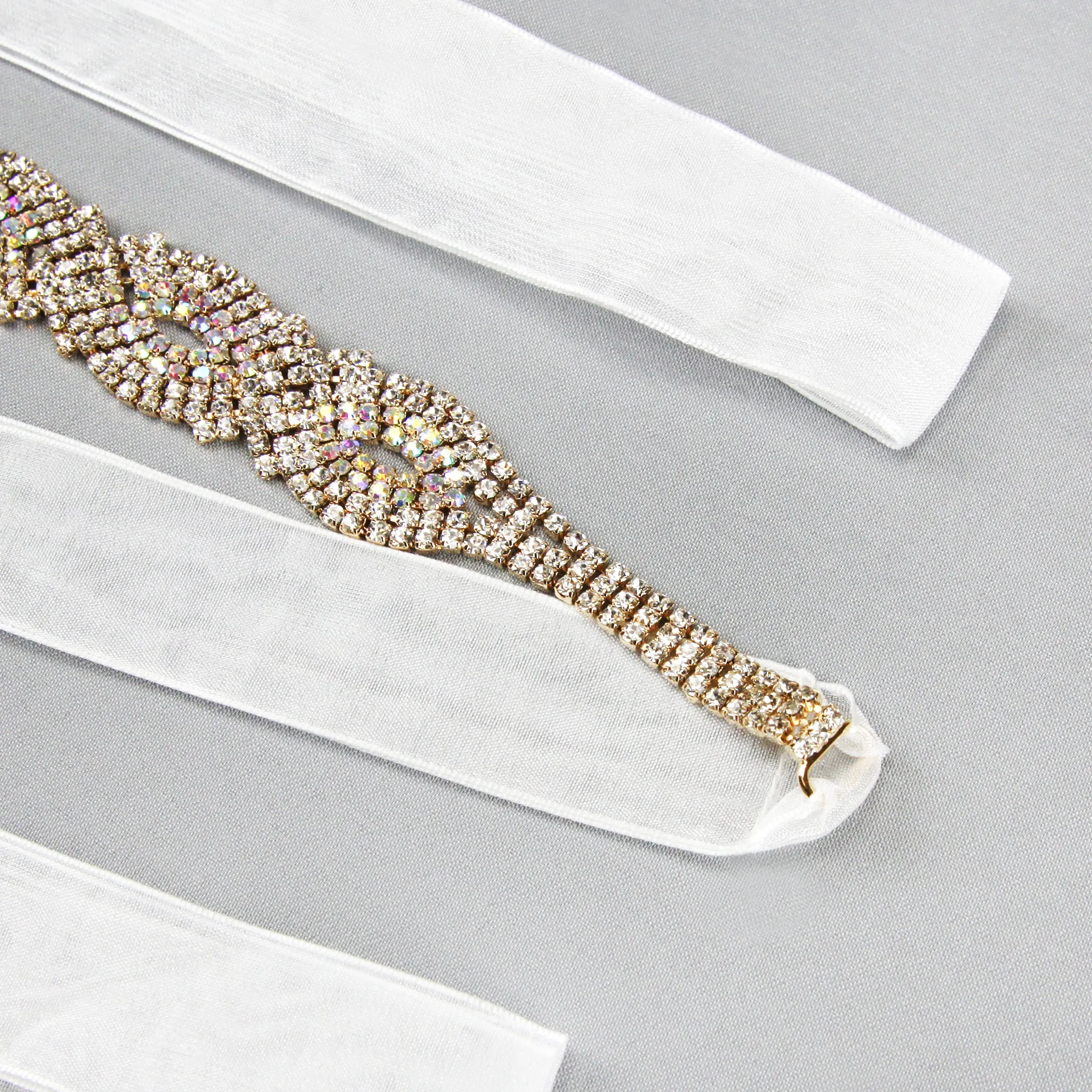 Amara Infinity Rhinestone Ribbon Bridal Sash Belt - Gold Iridescent