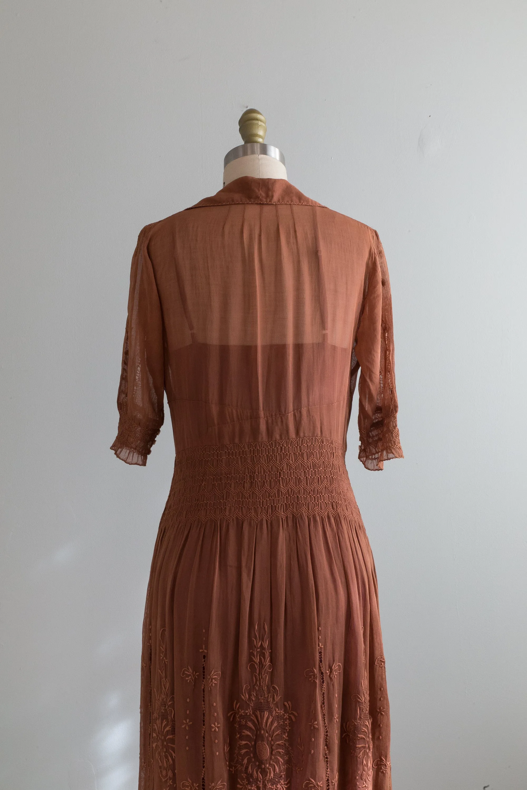 Antique 1920's Hungarian Embroidered Dress in Cocoa Cotton Voile / SM