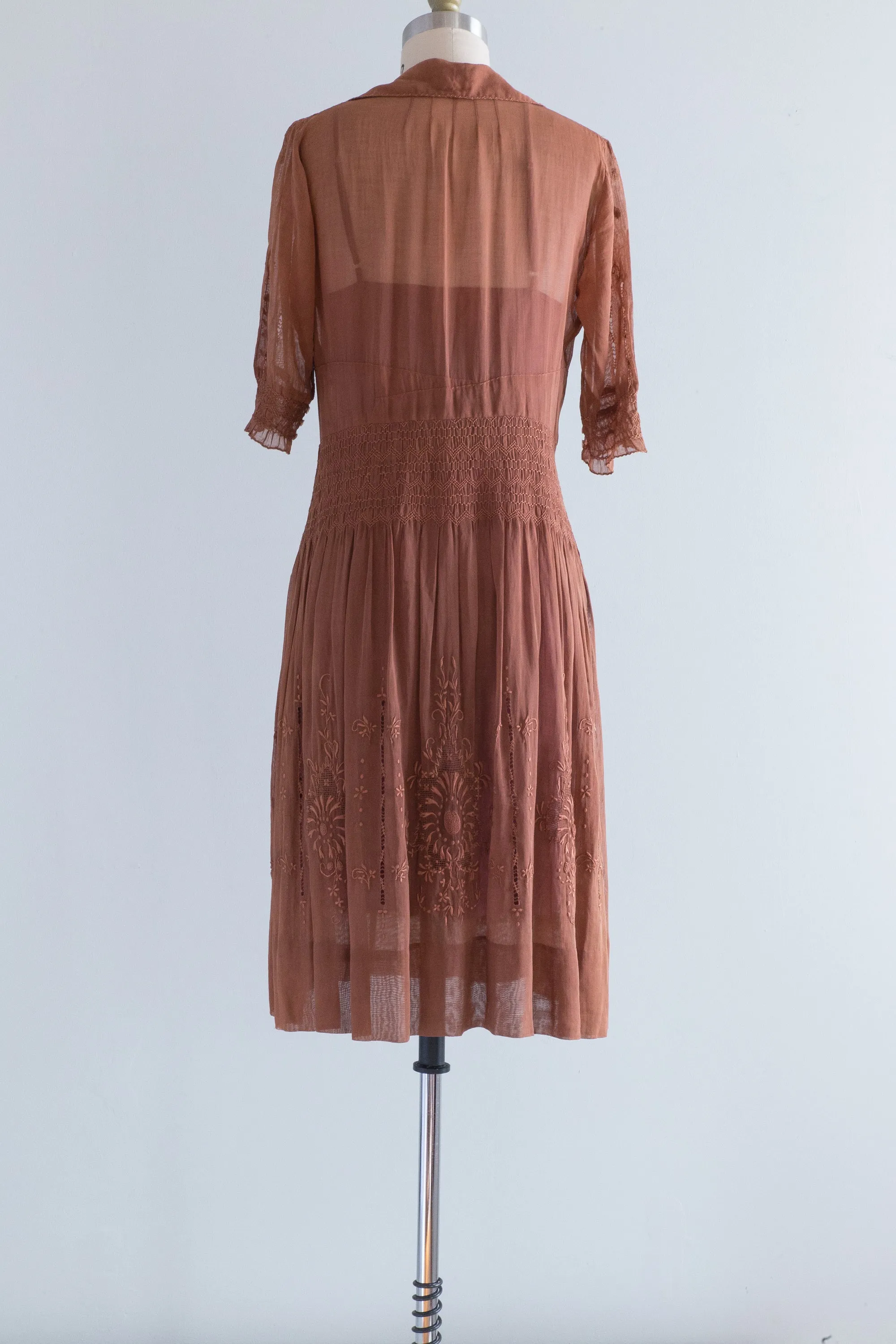 Antique 1920's Hungarian Embroidered Dress in Cocoa Cotton Voile / SM