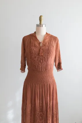 Antique 1920's Hungarian Embroidered Dress in Cocoa Cotton Voile / SM