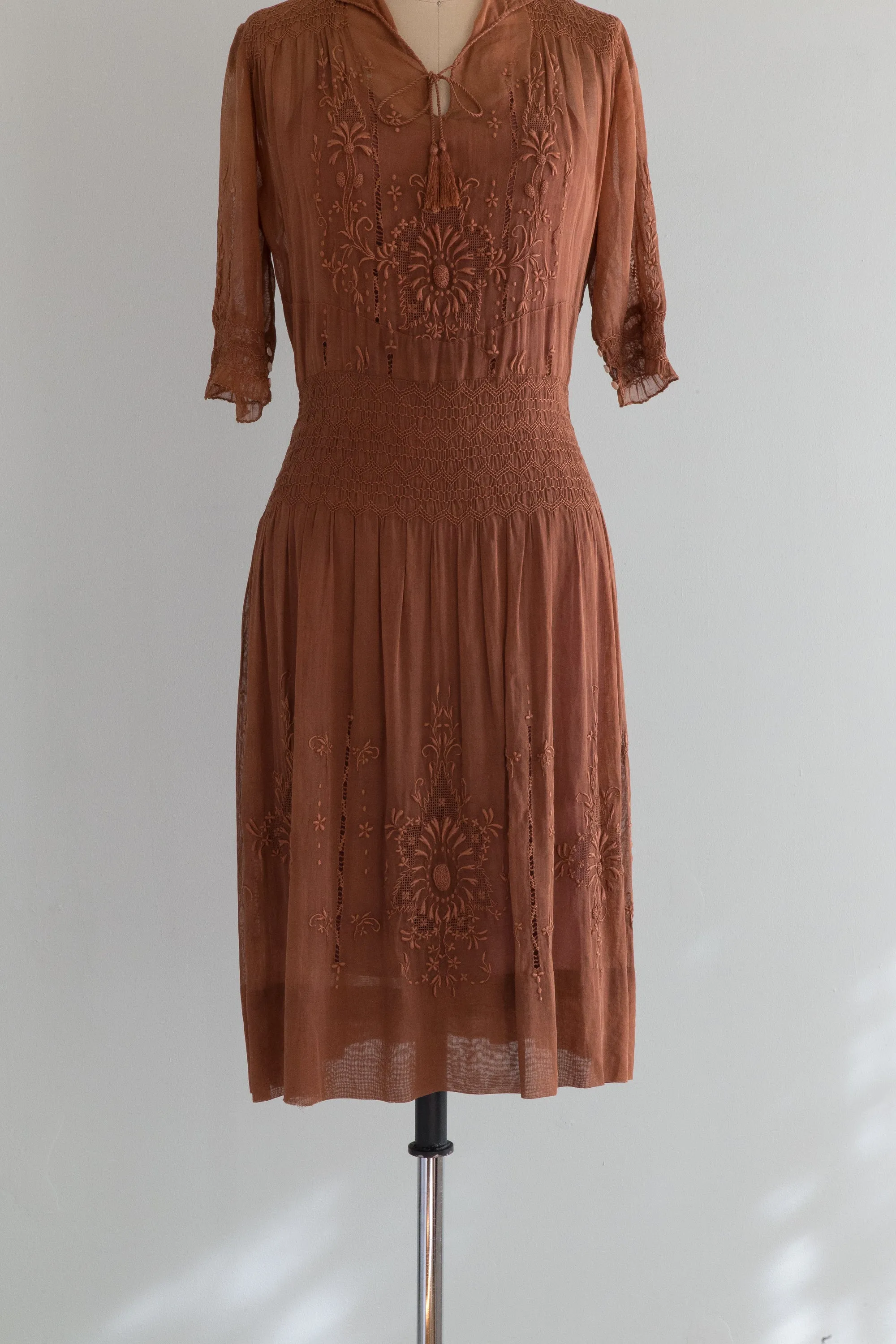 Antique 1920's Hungarian Embroidered Dress in Cocoa Cotton Voile / SM