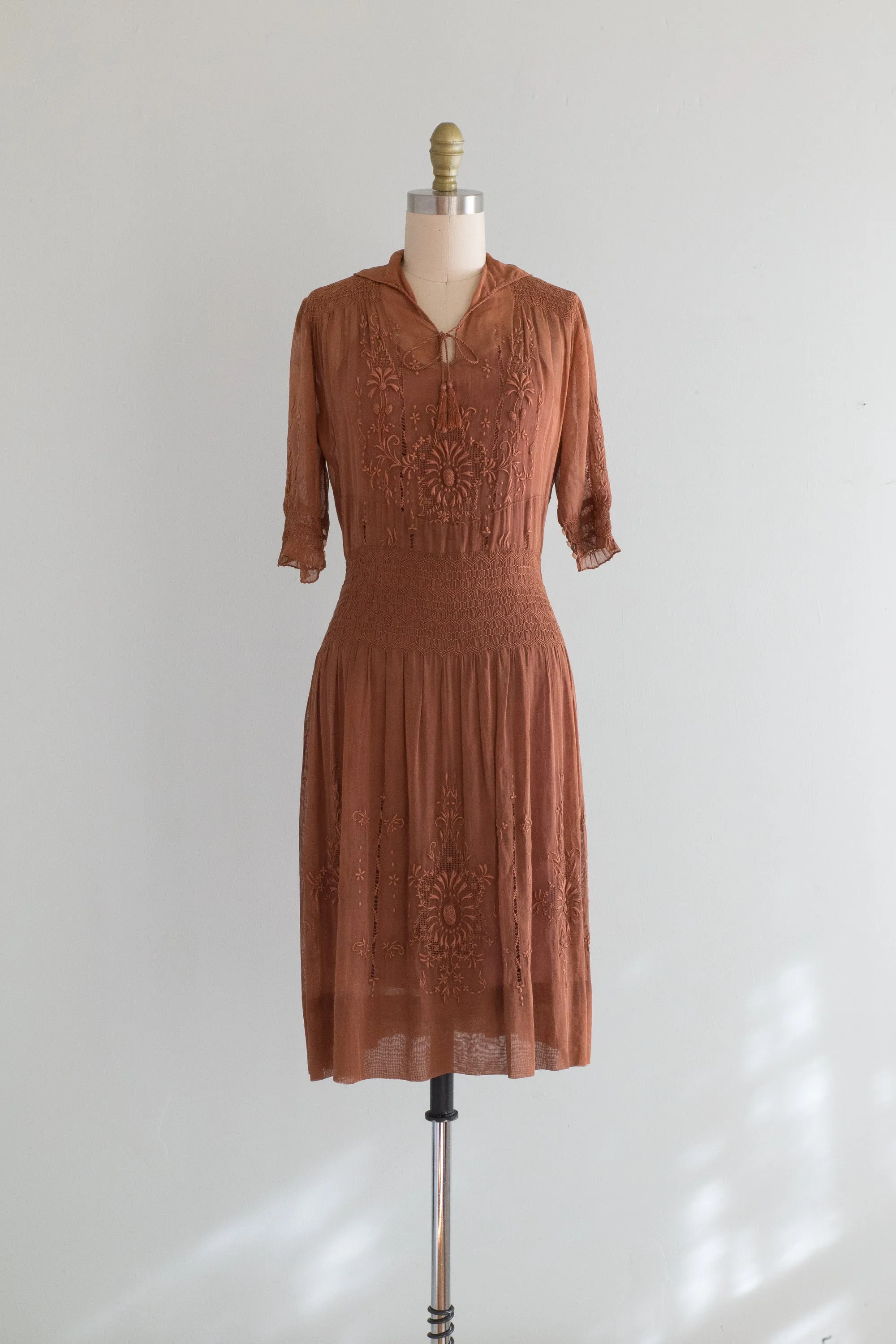 Antique 1920's Hungarian Embroidered Dress in Cocoa Cotton Voile / SM