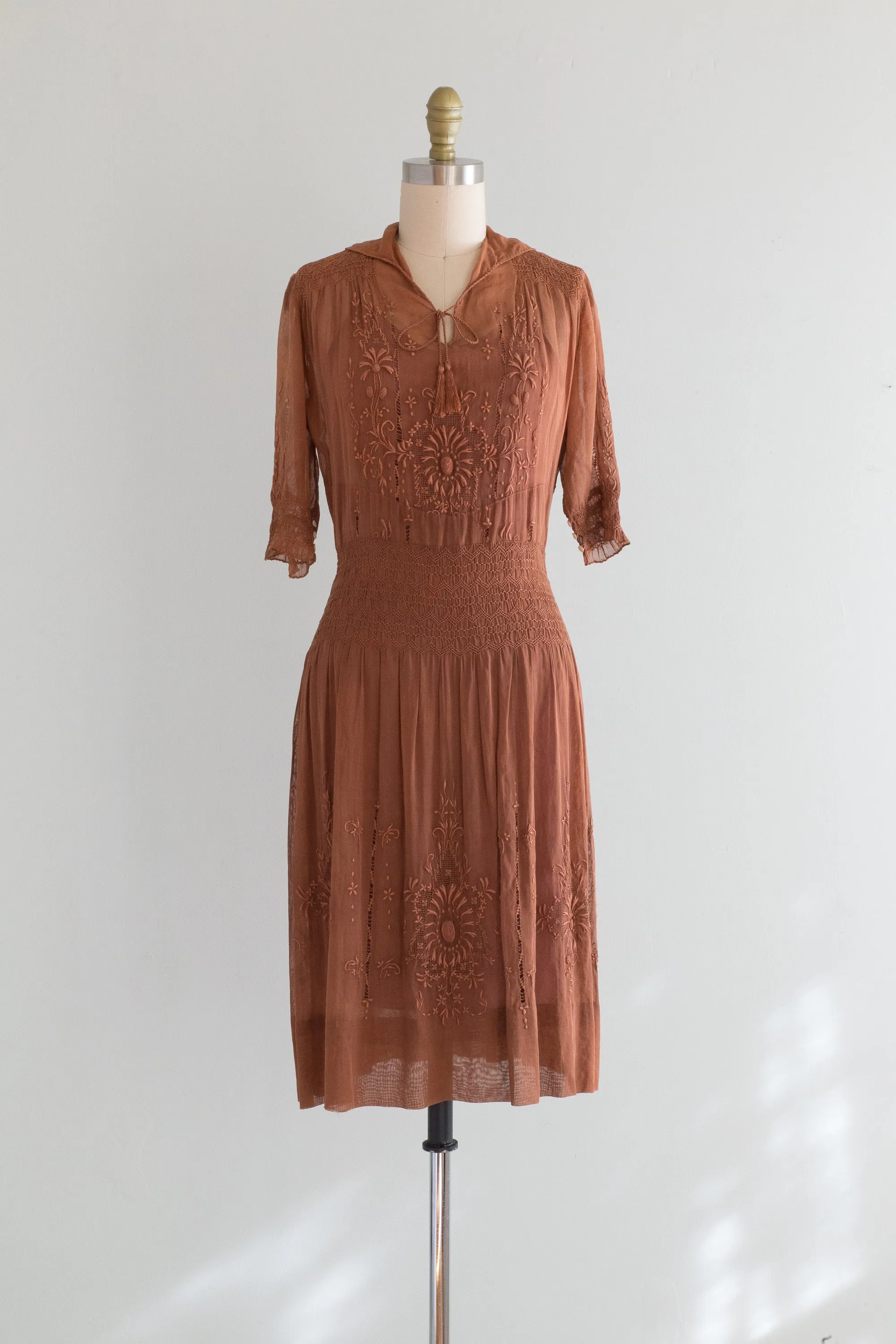 Antique 1920's Hungarian Embroidered Dress in Cocoa Cotton Voile / SM