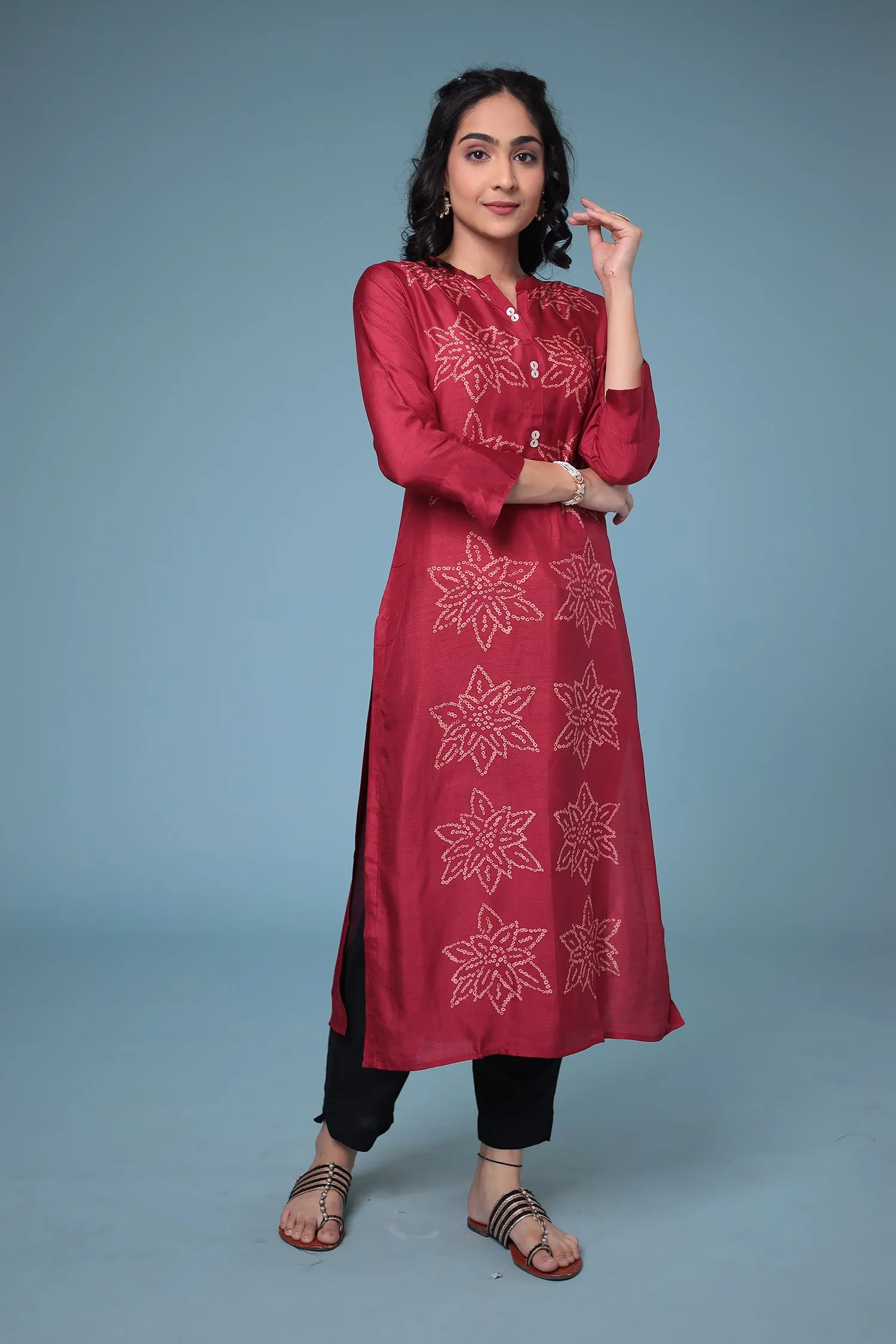 Bandhej Silk blend Straight Cut Kurta