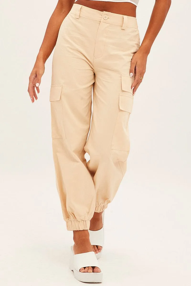 Beige High Rise Wide Leg Cargo Pants