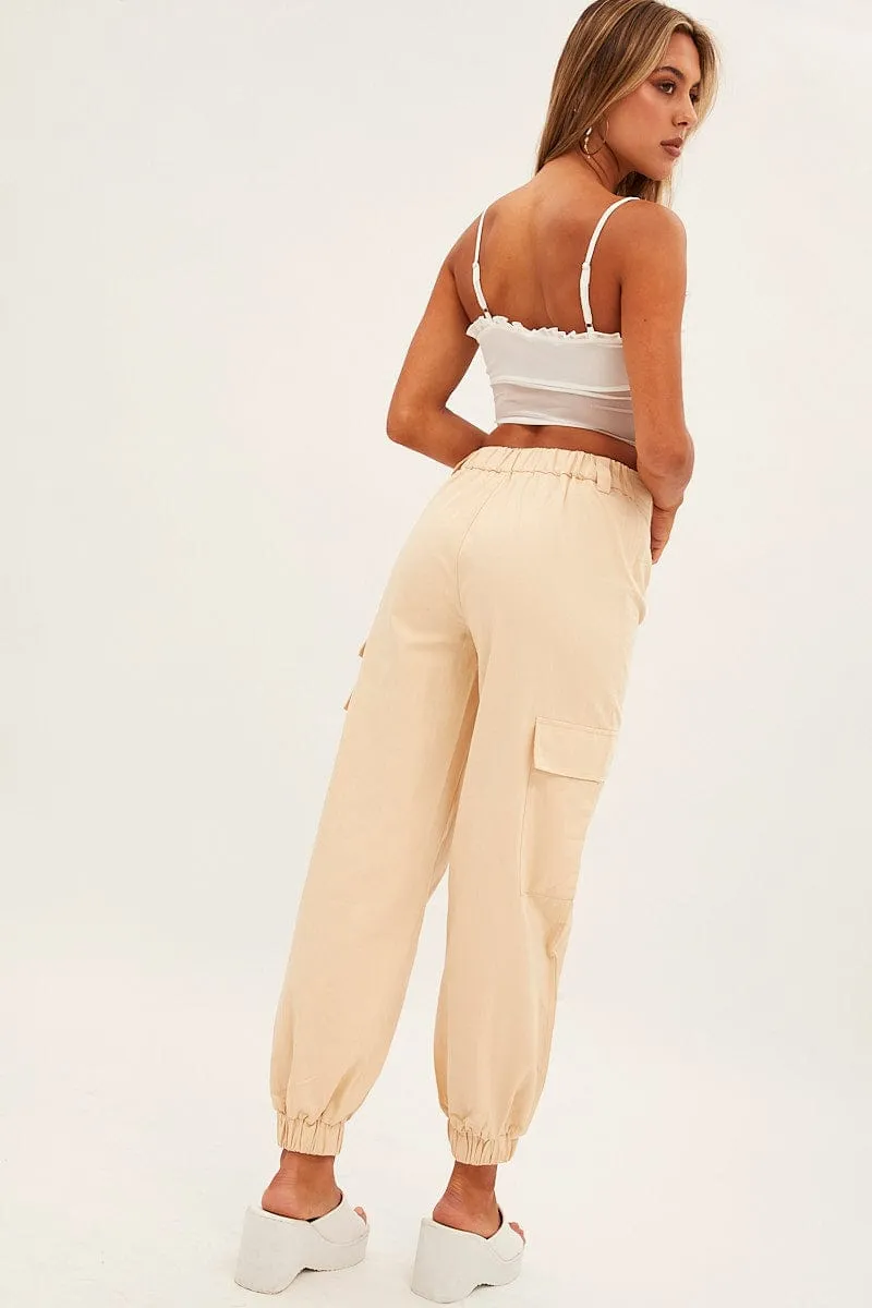 Beige High Rise Wide Leg Cargo Pants