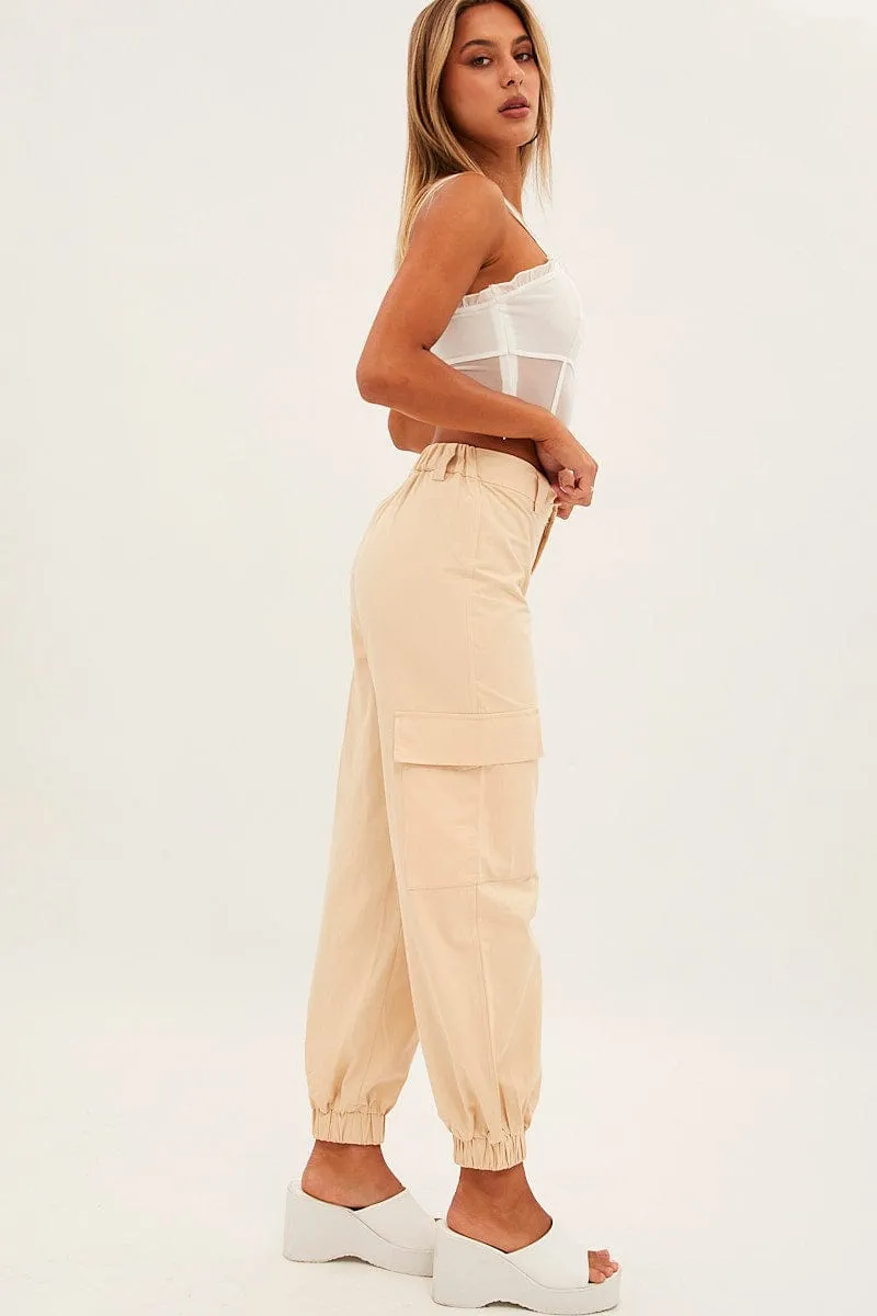 Beige High Rise Wide Leg Cargo Pants